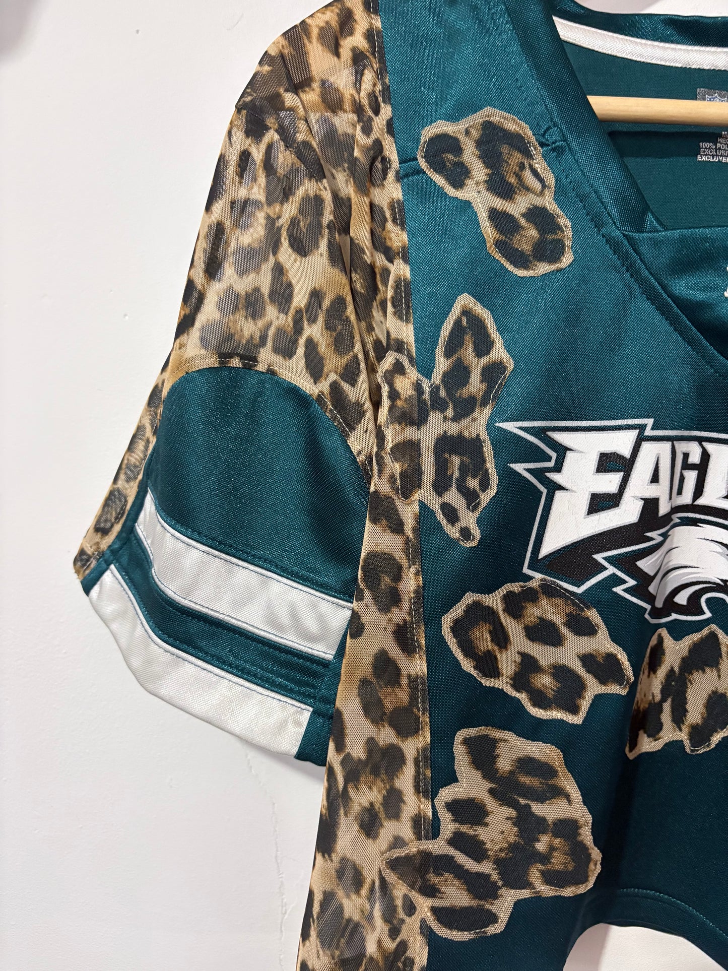 Vintage Y2K NFL Philadelphia Eagles leopard print sheer mesh cropped jersey tshirt.