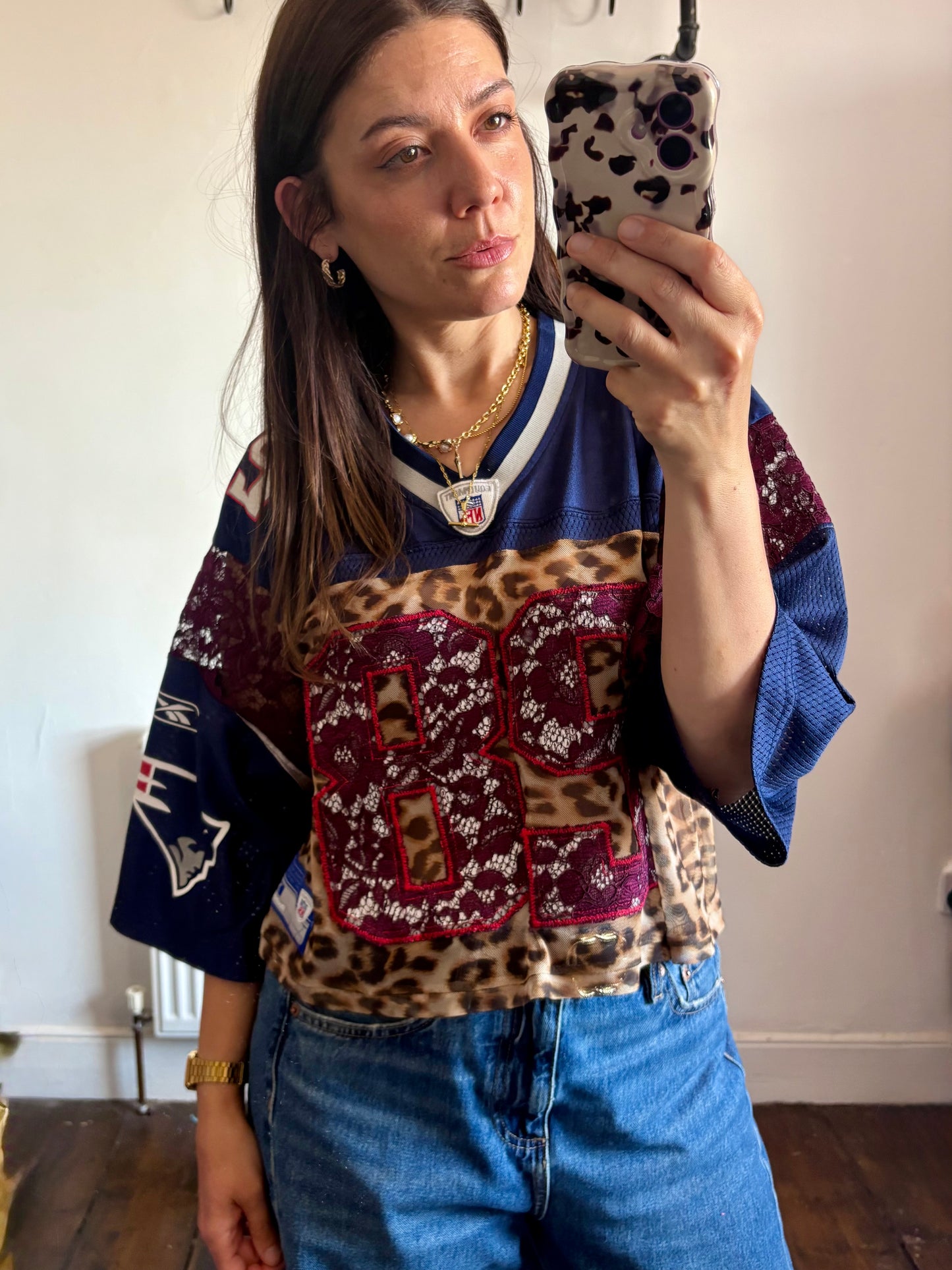 Vintage Y2K Reebok NFL New England Patriots leopard mesh, burgundy lace patchwork cropped jersey tshirt.