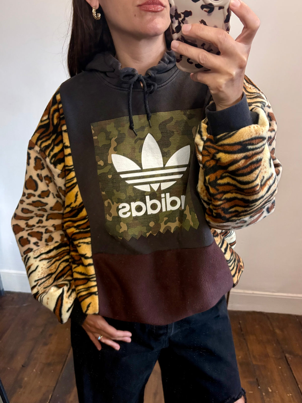 Y2K black adidas camouflage logo tiger and leopard fleece patchwork hoodie sweatshirt.