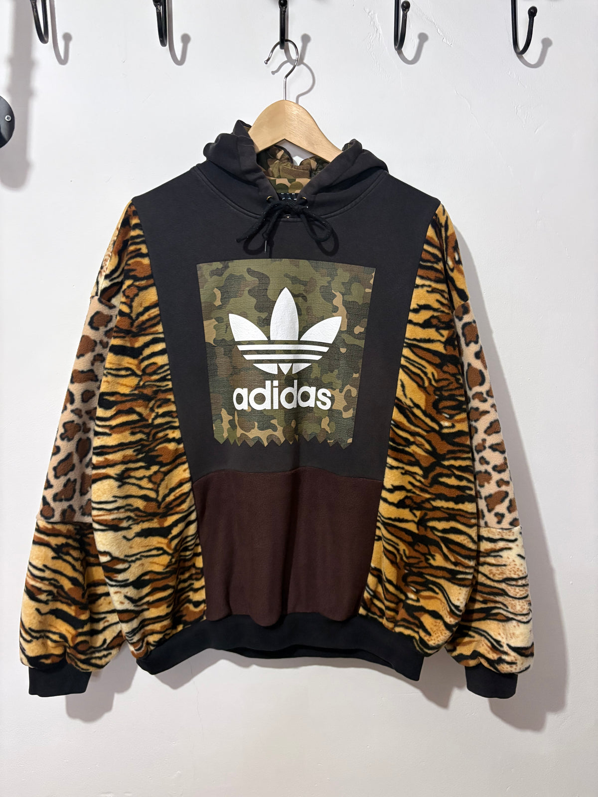 Y2K black adidas camouflage logo tiger and leopard fleece patchwork hoodie sweatshirt.