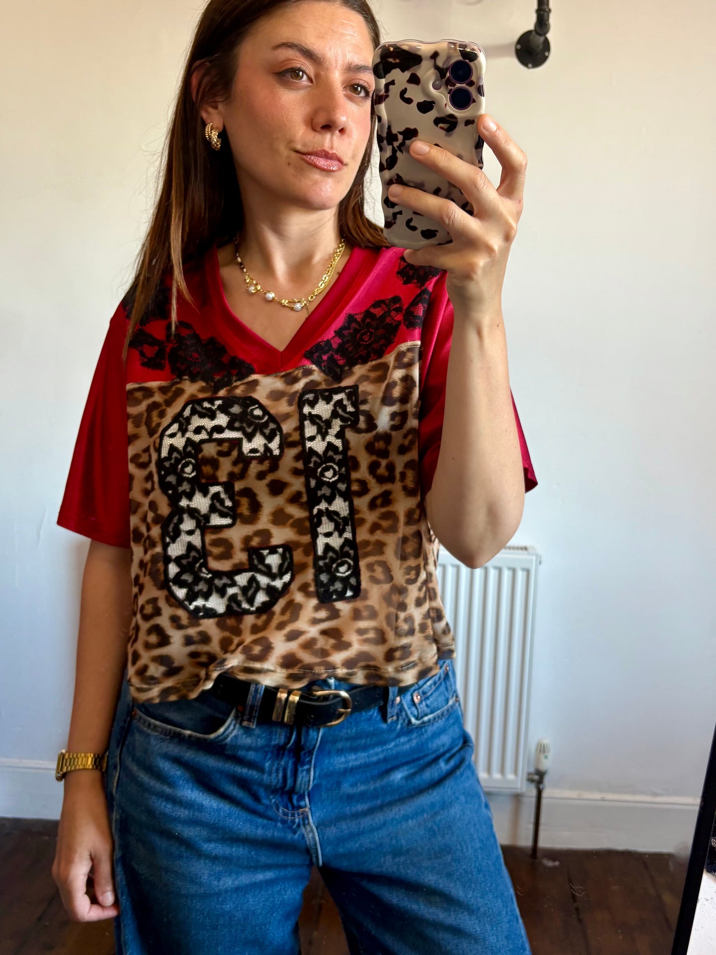 Vintage Y2K NFL Arizona Cardinals leopard print sheer mesh lace cropped jersey tshirt.