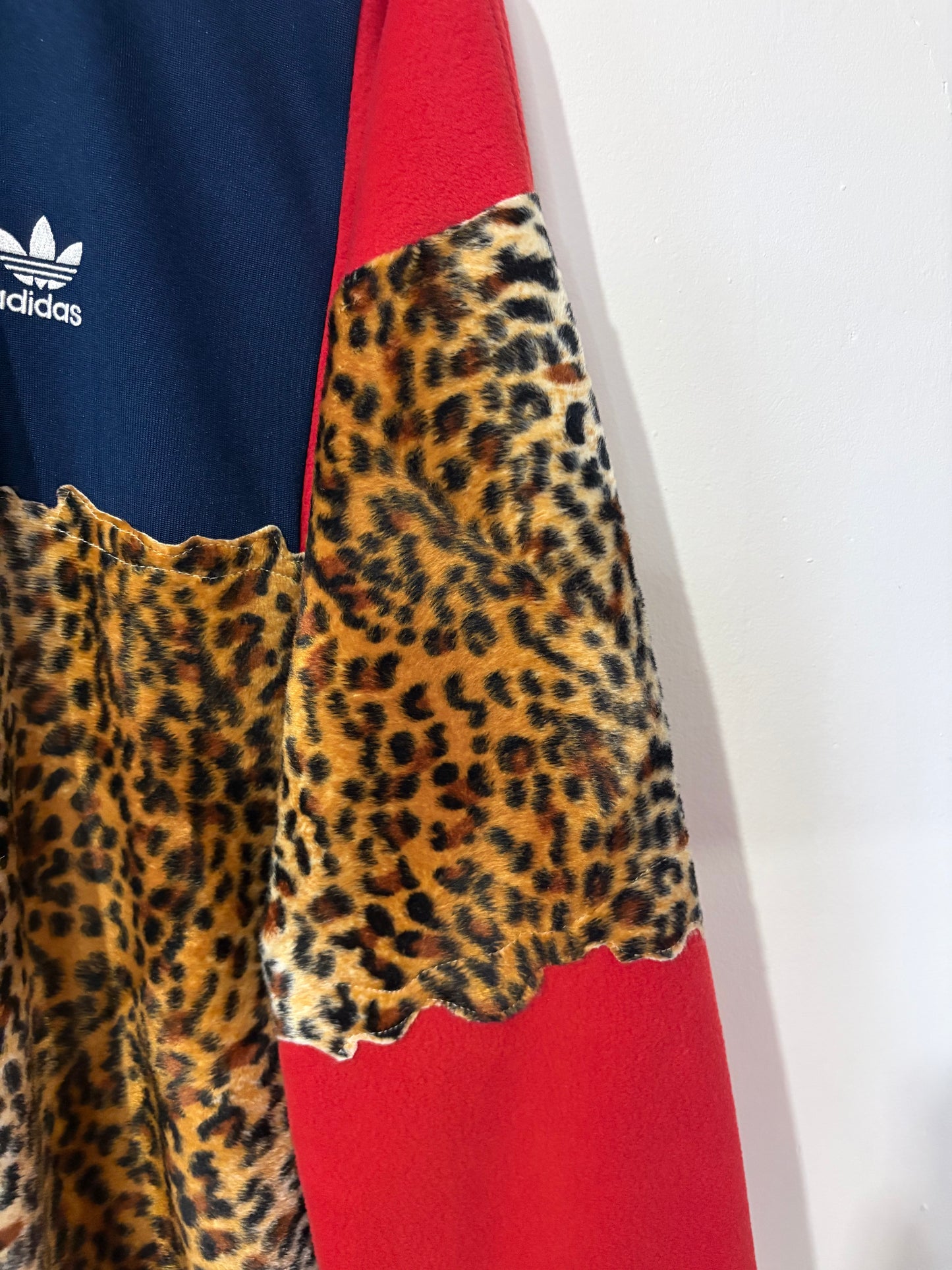 Vintage Y2K Adidas cheetah leopard short fur patchwork 1/4 zip track jacket sweatshirt.