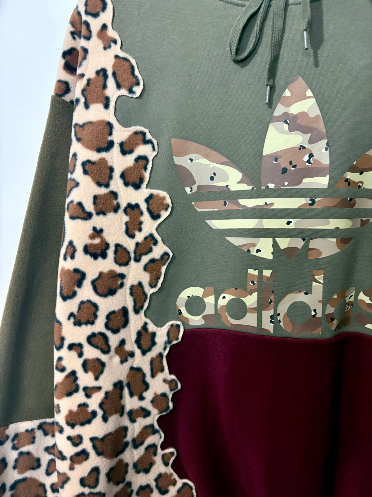 Y2K khaki adidas camouflage logo leopard print and burgundy fleece patchwork hoodie sweatshirt.