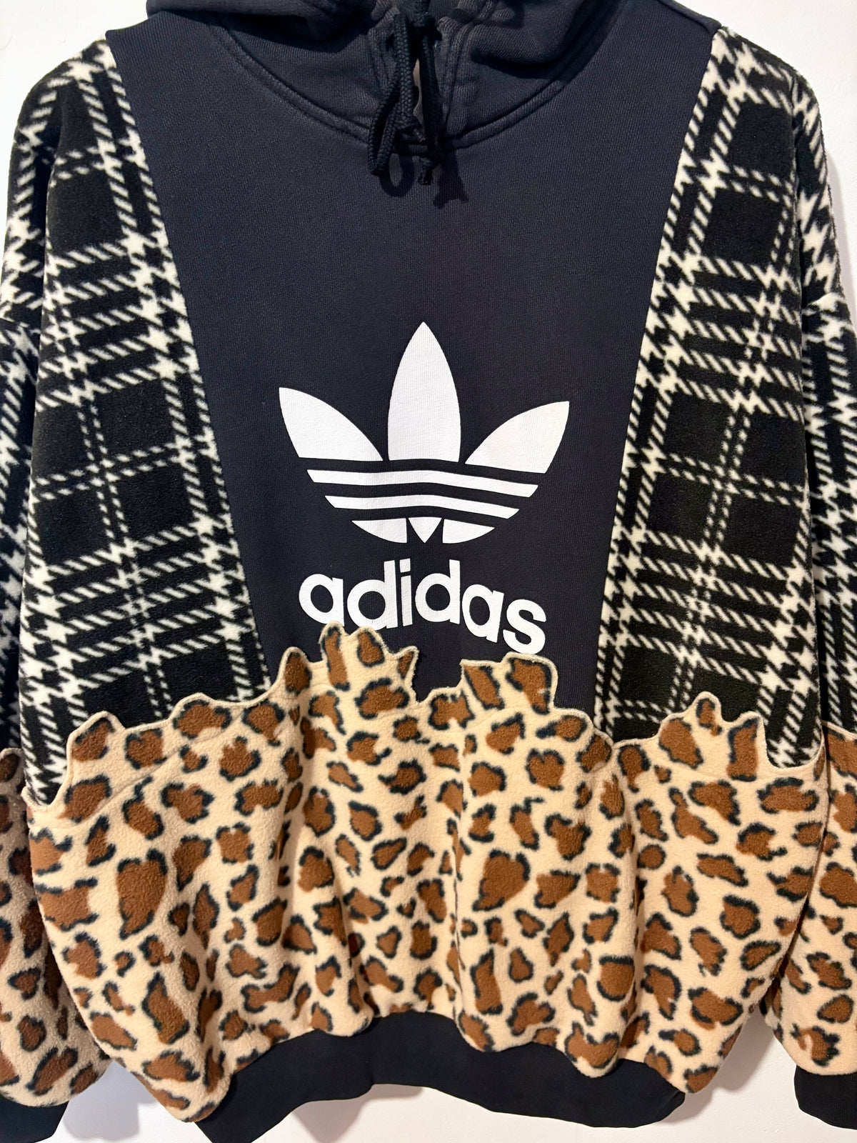 Y2K black adidas logo checked tartan and leopard print hoodie sweatshirt.