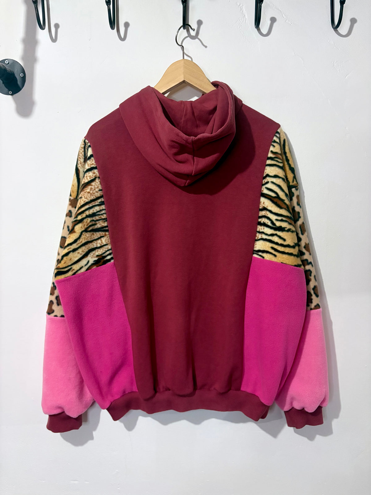 Y2K rust adidas tiger, leopard print and pink fleece patchwork hoodie sweatshirt.