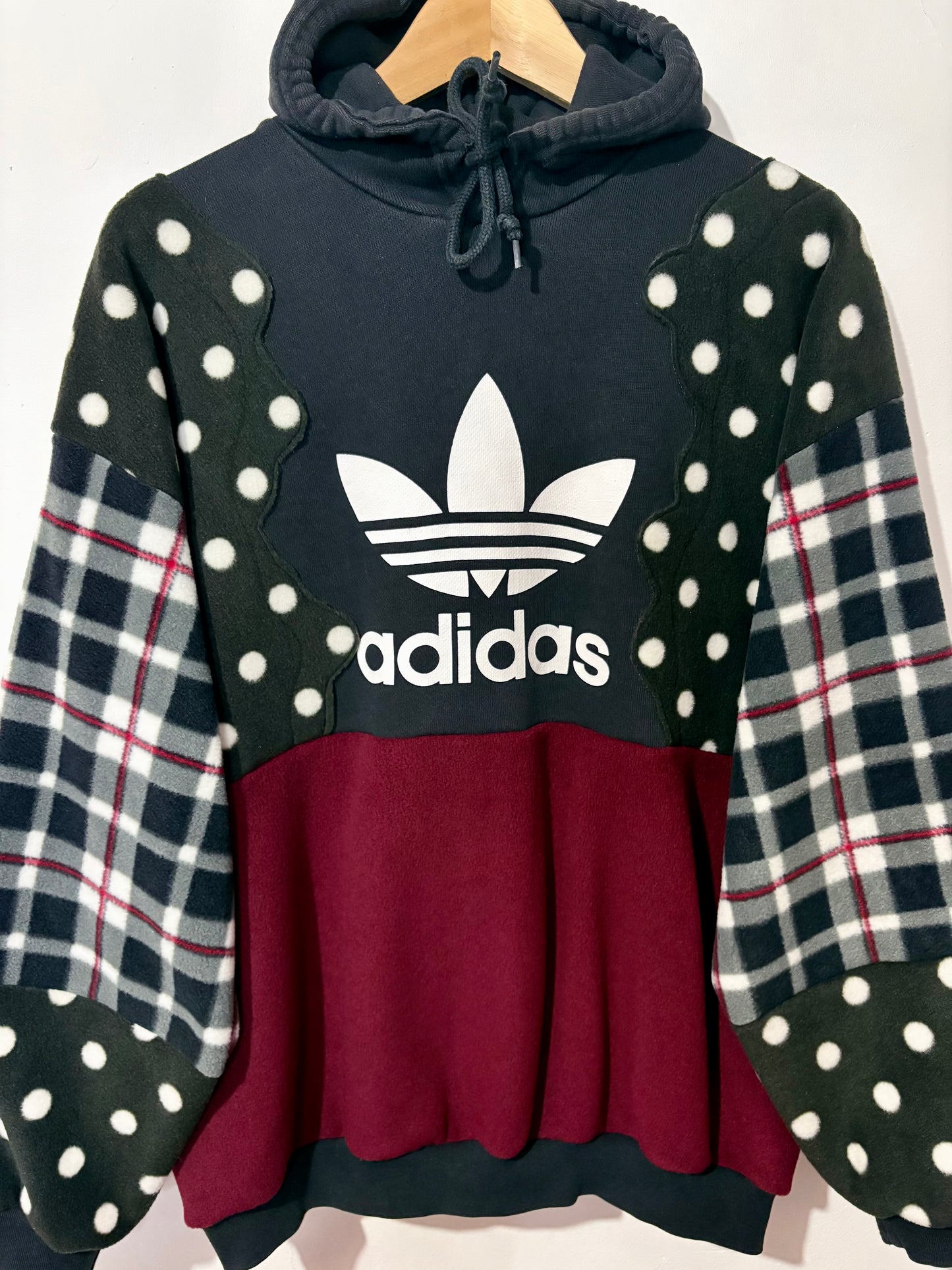 Y2K adidas polka dot, tartan, checked, burgundy fleece patchwork hoodie sweatshirt.
