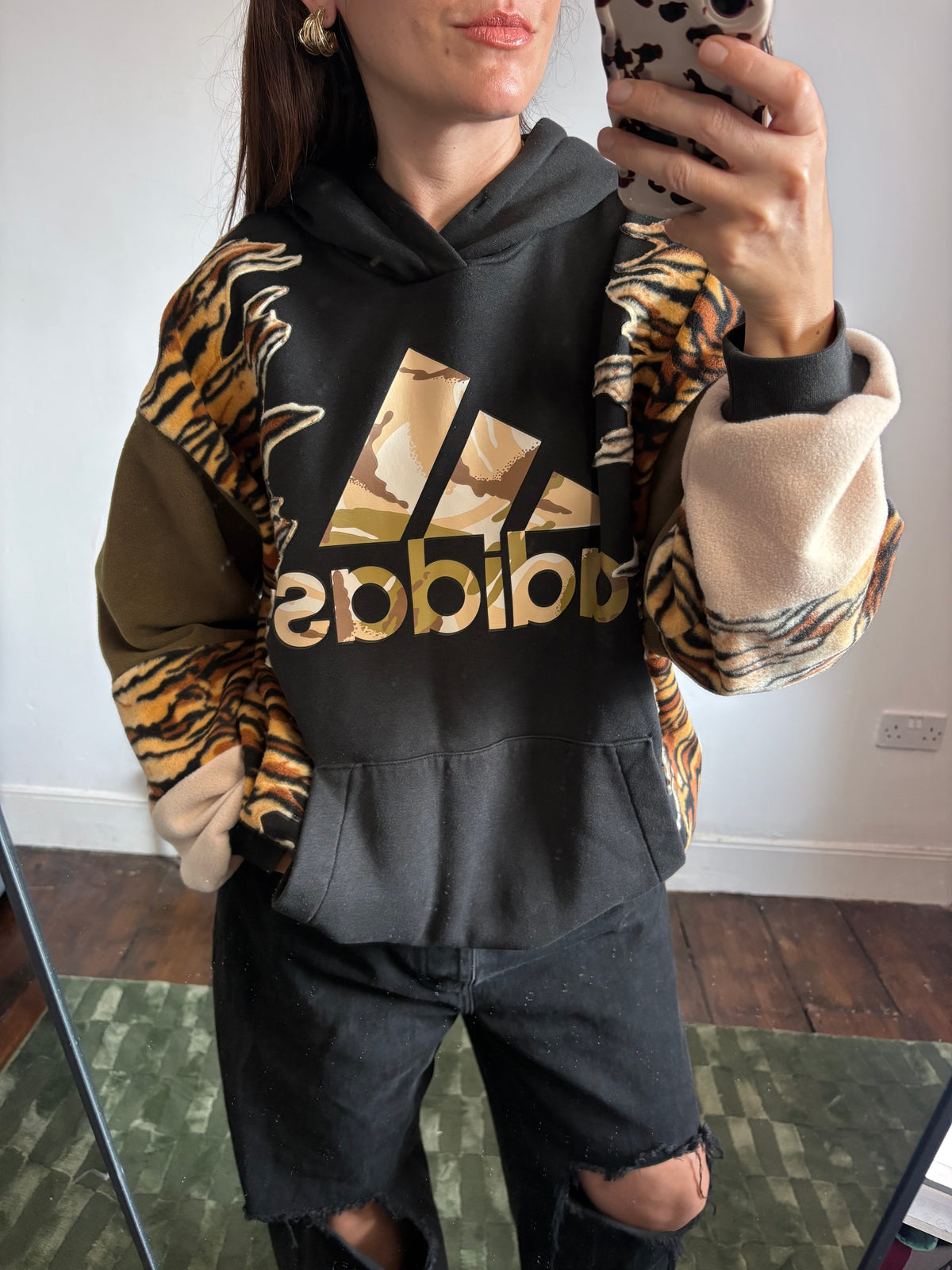 Y2K black adidas camouflage logo tiger stripe, khaki and beige fleece patchwork hoodie sweatshirt.
