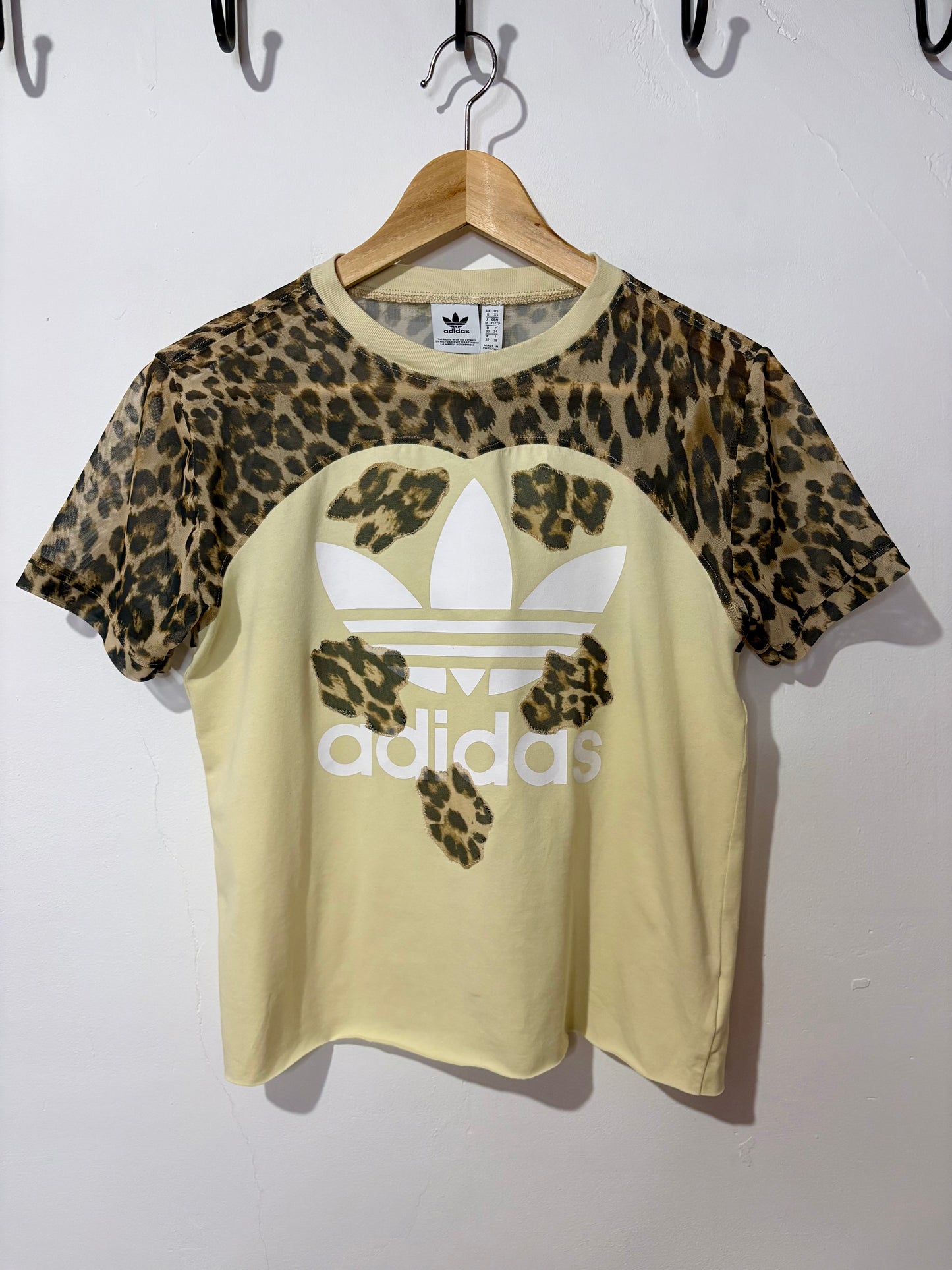 Vintage Y2K butter yellow adidas leopard print sheer mesh patchwork baby tee tshirt.
