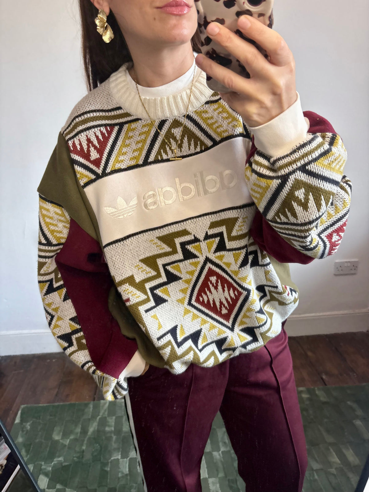 Vintage cream adidas logo funky pattern knit patchwork burgundy, khaki fleece sweatshirt.
