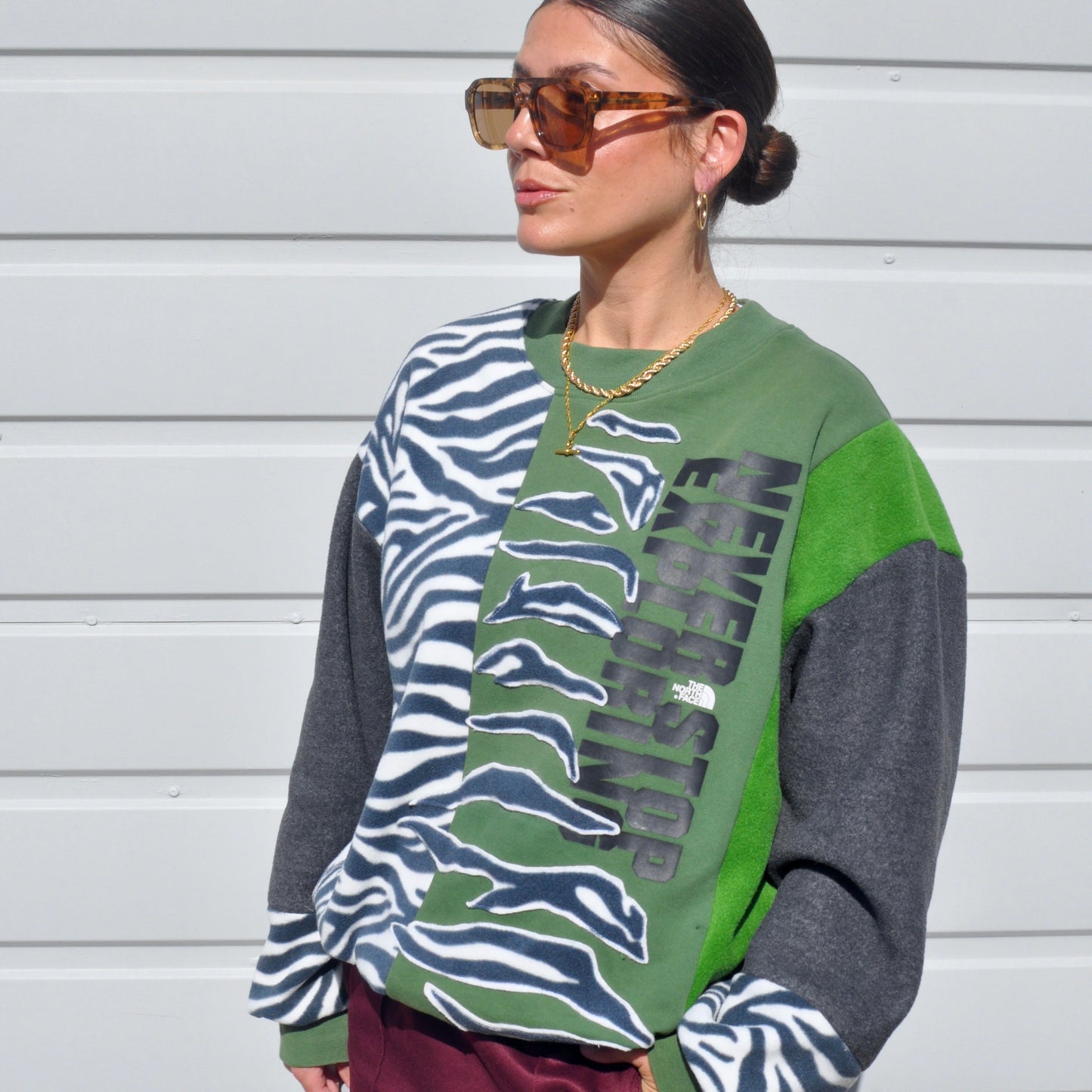 North Face zebra stripe fleece sweatshirt