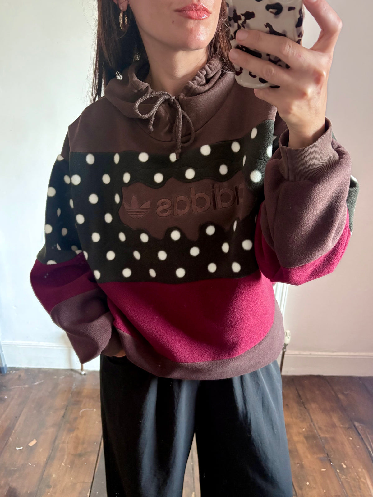 Y2K brown adidas logo polka dot and burgundy fleece stripe patchwork hoodie sweatshirt.
