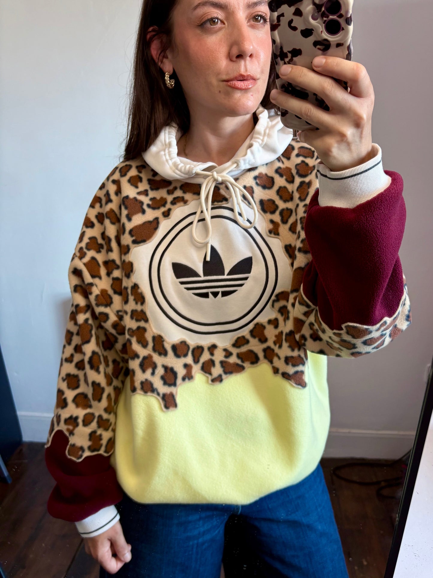Y2K adidas leopard print, butter yellow, burgundy patchwork fleece hoodie sweatshirt.