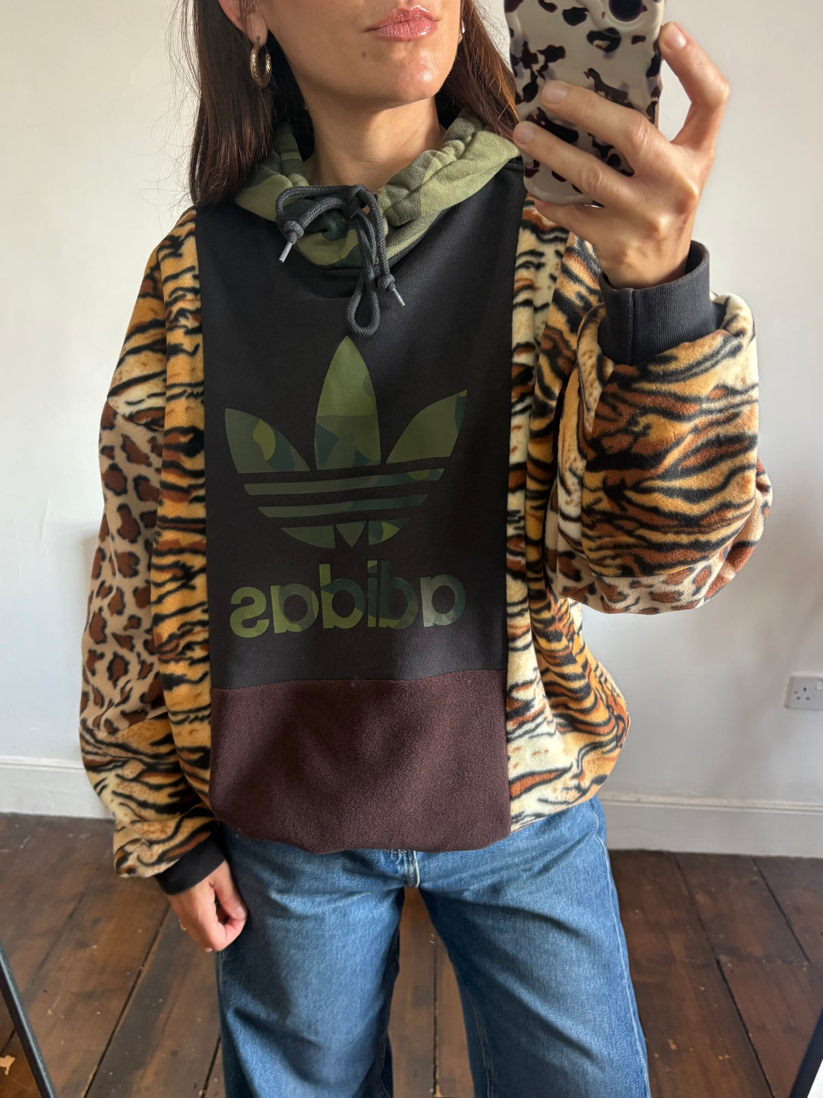 Y2K black adidas camouflage logo tiger and leopard fleece patchwork hoodie sweatshirt.