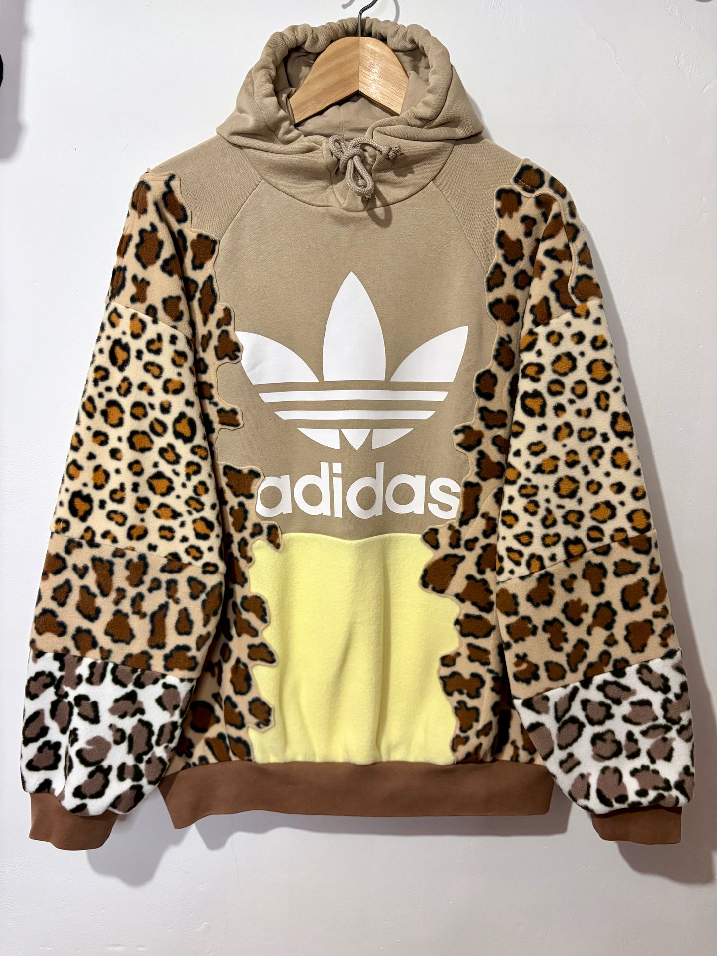 Y2K beige adidas leopard animal print, butter yellow patchwork fleece hoodie sweatshirt