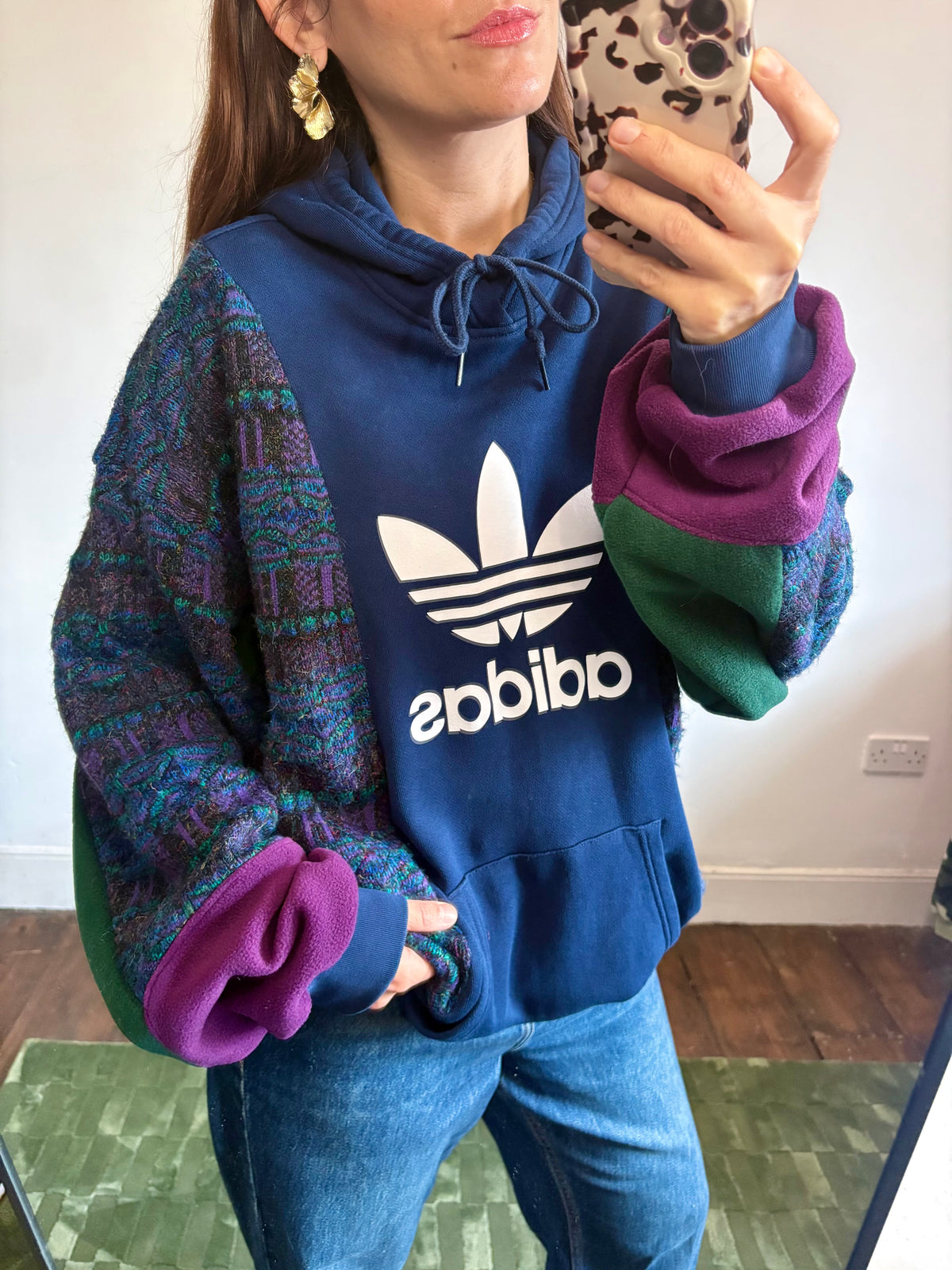 Vintage adidas trefoil logo funky pattern knit patchwork hoodie sweatshirt.