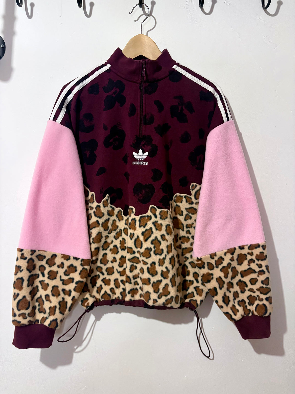 Y2K burgundy adidas logo leopard print and pink fleece patchwork 1/4 zip neck sweatshirt.