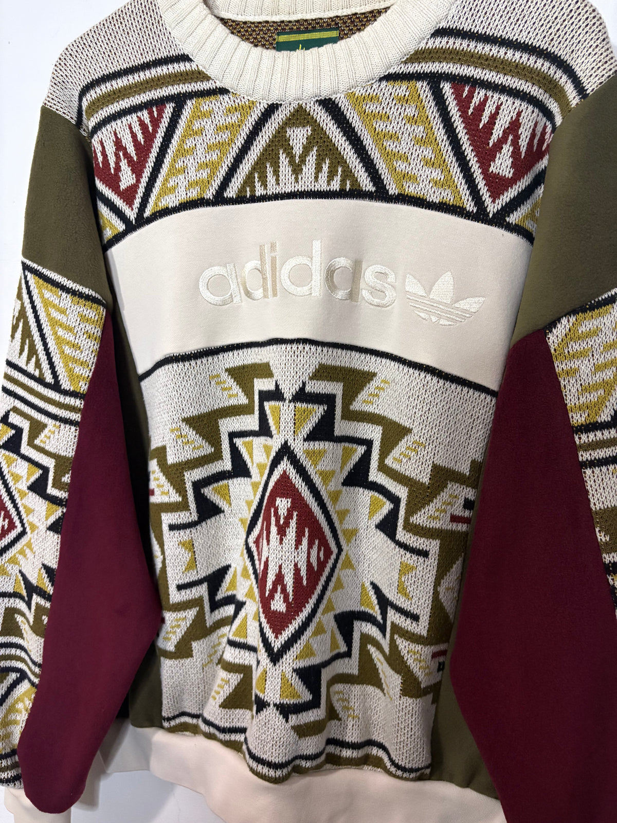 Vintage cream adidas logo funky pattern knit patchwork burgundy, khaki fleece sweatshirt.