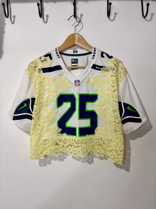 Vintage Y2K NFL Nike Seattle Seahawks butter yellow lace cropped jersey tshirt