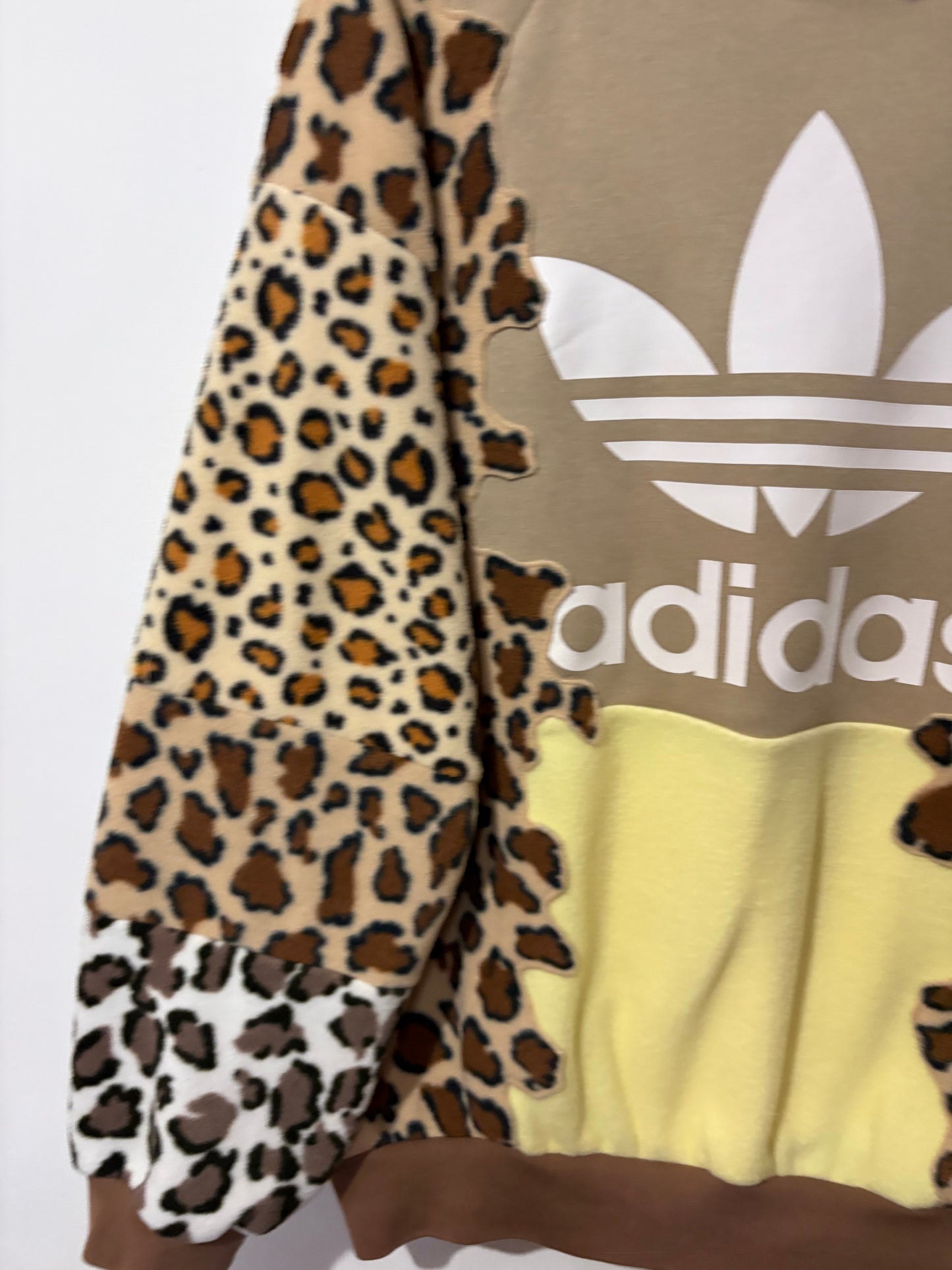 Y2K beige adidas leopard animal print, butter yellow patchwork fleece hoodie sweatshirt
