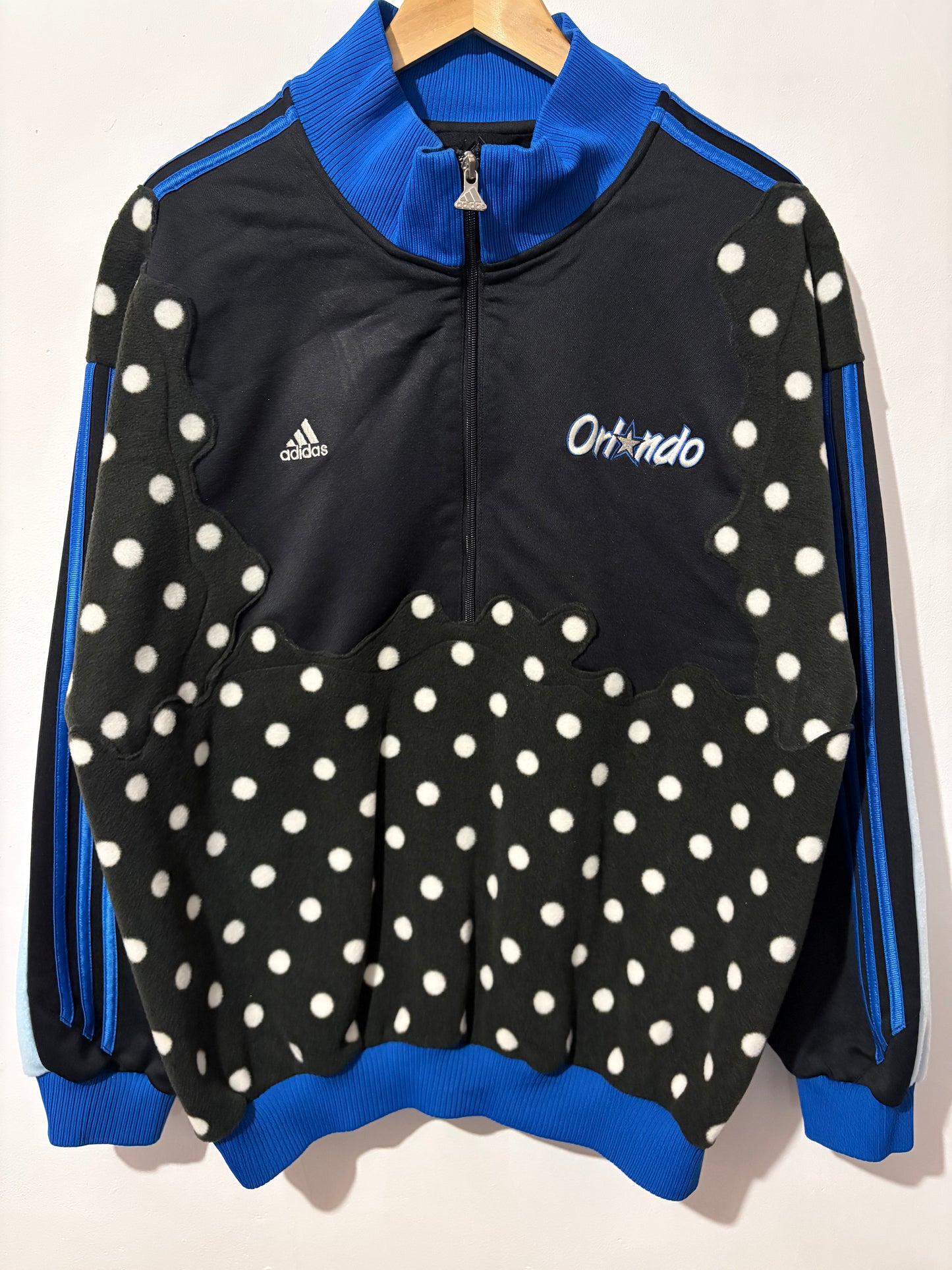 Vintage Y2K Adidas Orlando Magic NBA polka dot fleece patchwork 1/2 zip track jacket sweatshirt.