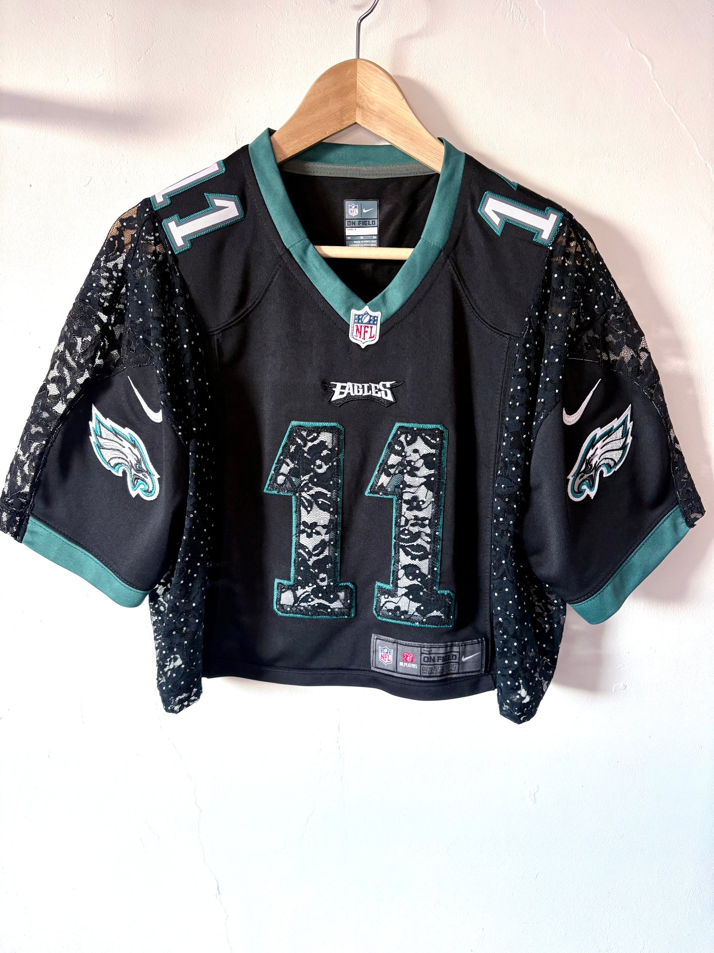 Vintage Y2K Nike NFL Philadelphia Eagles polka dot lace sheer mesh cropped jersey tshirt.