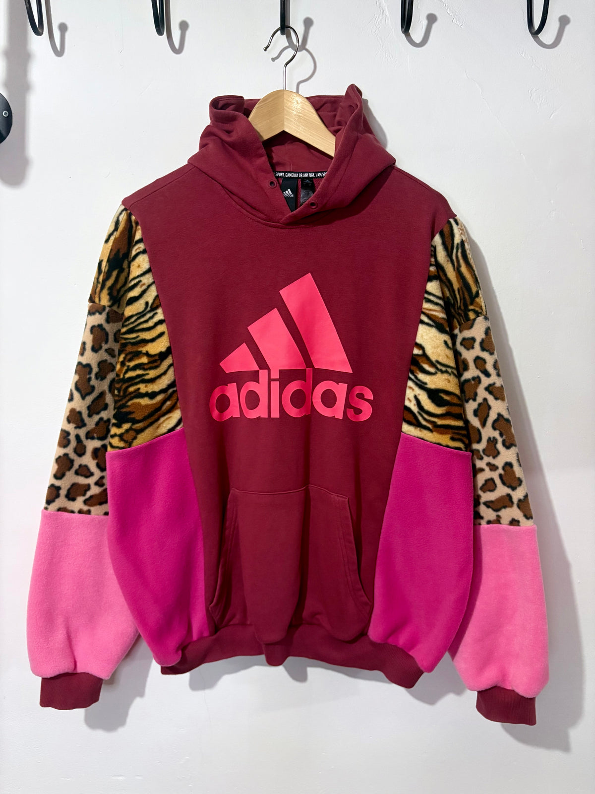 Y2K rust adidas tiger, leopard print and pink fleece patchwork hoodie sweatshirt.