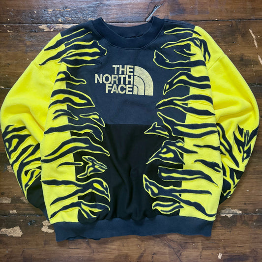 North face yellow zebra stripe patchwork fleece sweatshirt.