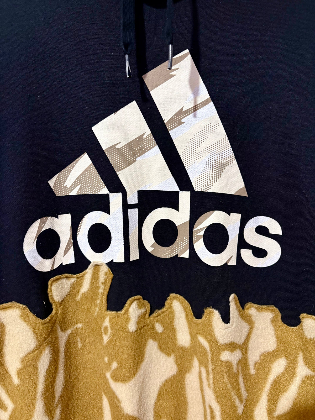 Y2K black adidas logo camouflage and baby blue fleece patchwork hoodie sweatshirt.