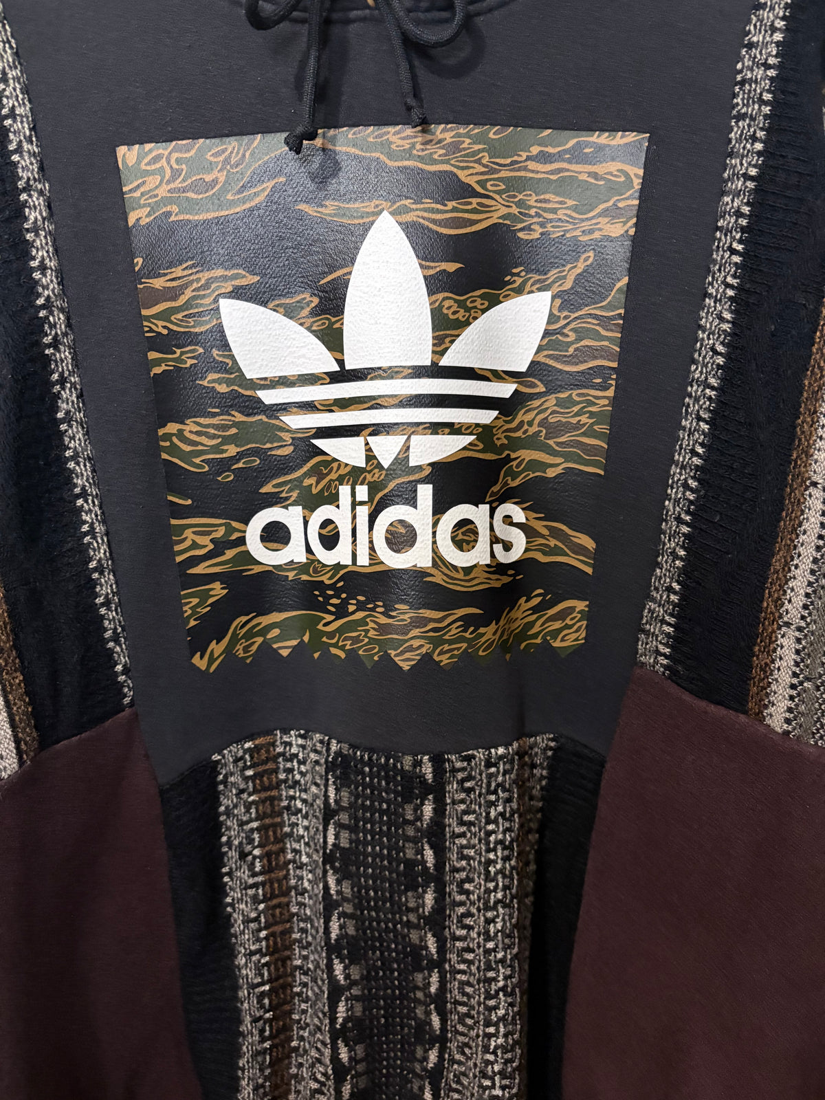 Vintage camouflage adidas logo funky stripe knit patchwork hoodie sweatshirt.