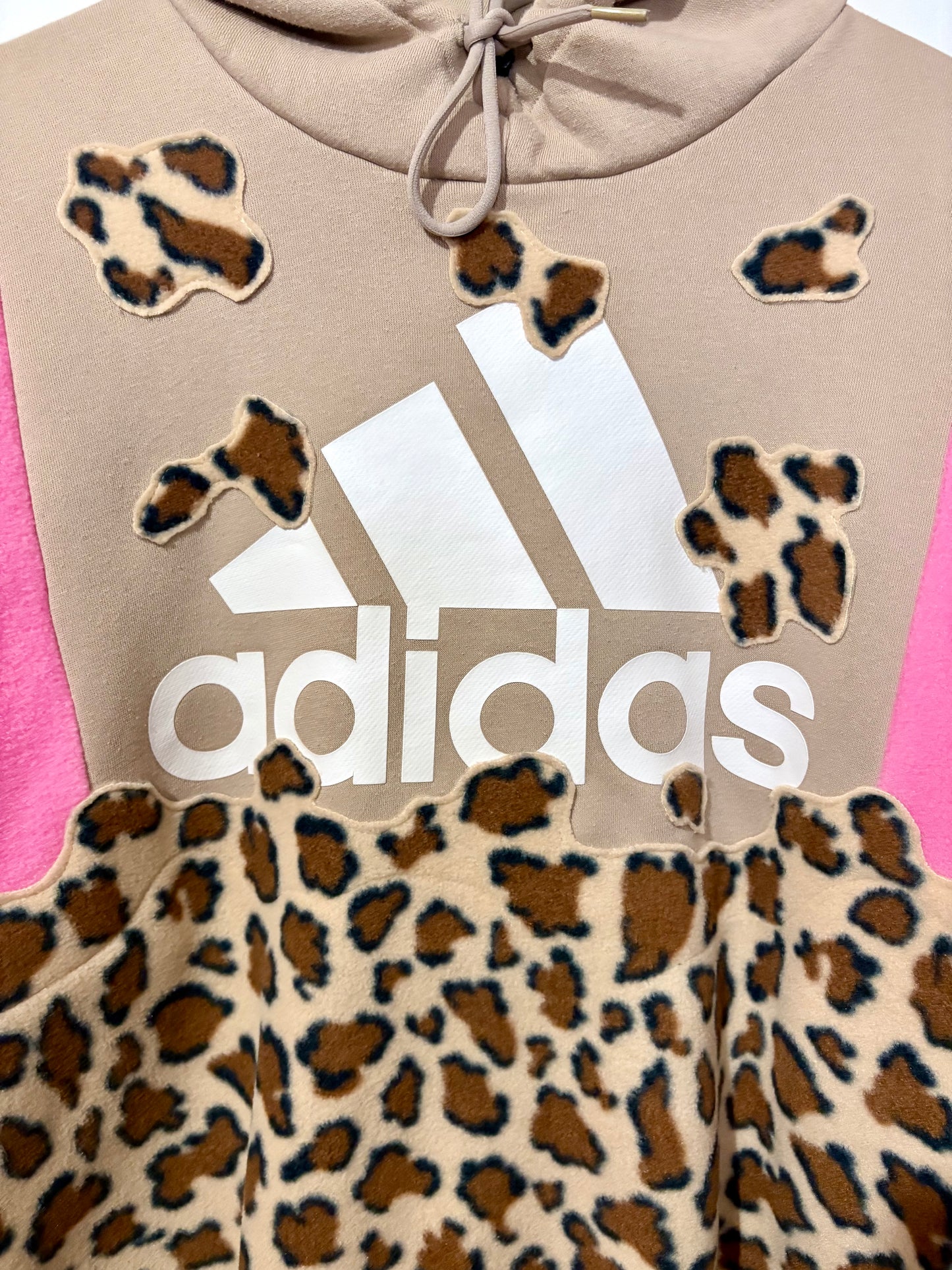 Y2K beige adidas leopard, animal print, pink patchwork fleece hoodie sweatshirt.