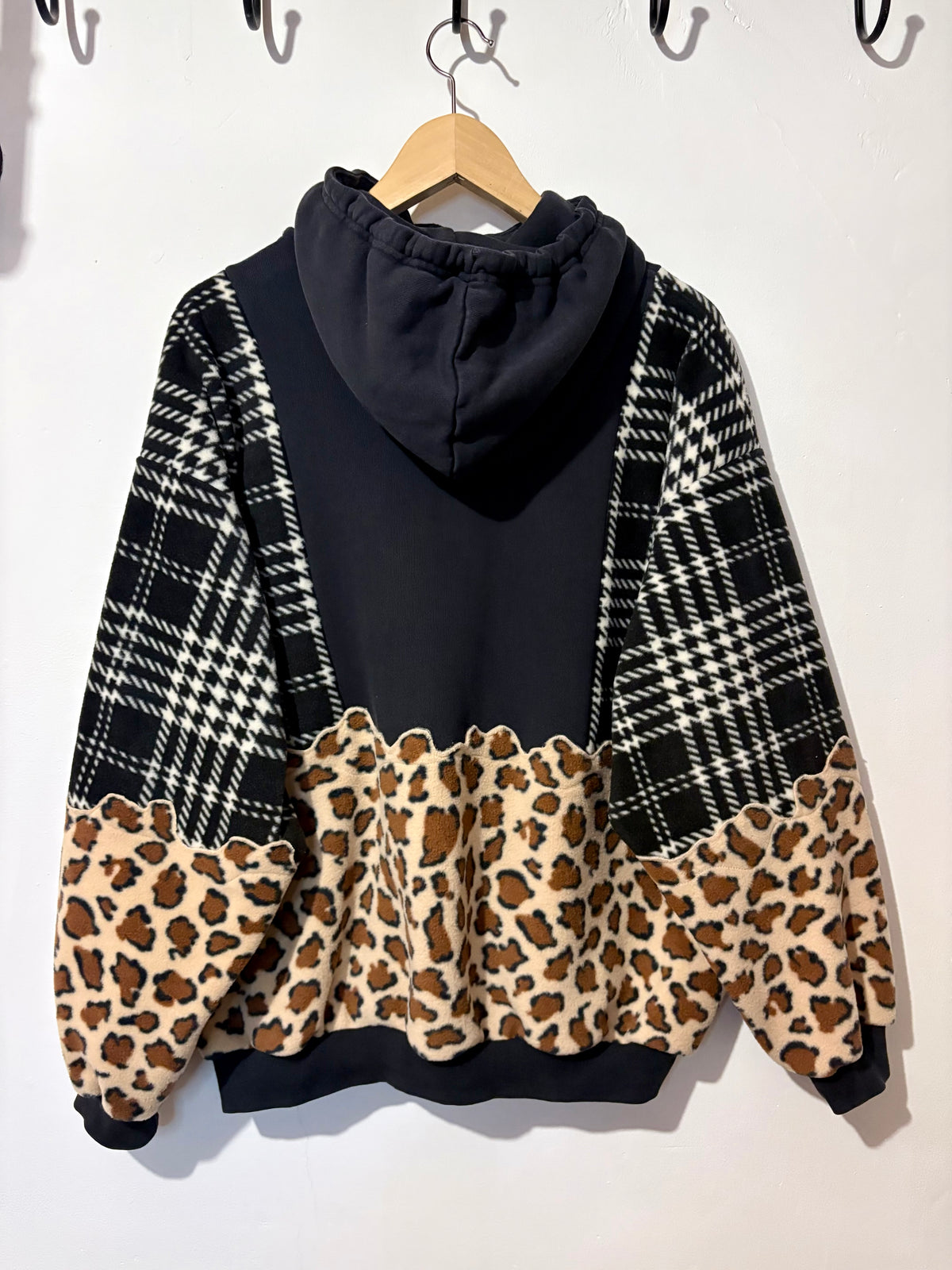 Y2K black adidas logo checked tartan and leopard print hoodie sweatshirt.