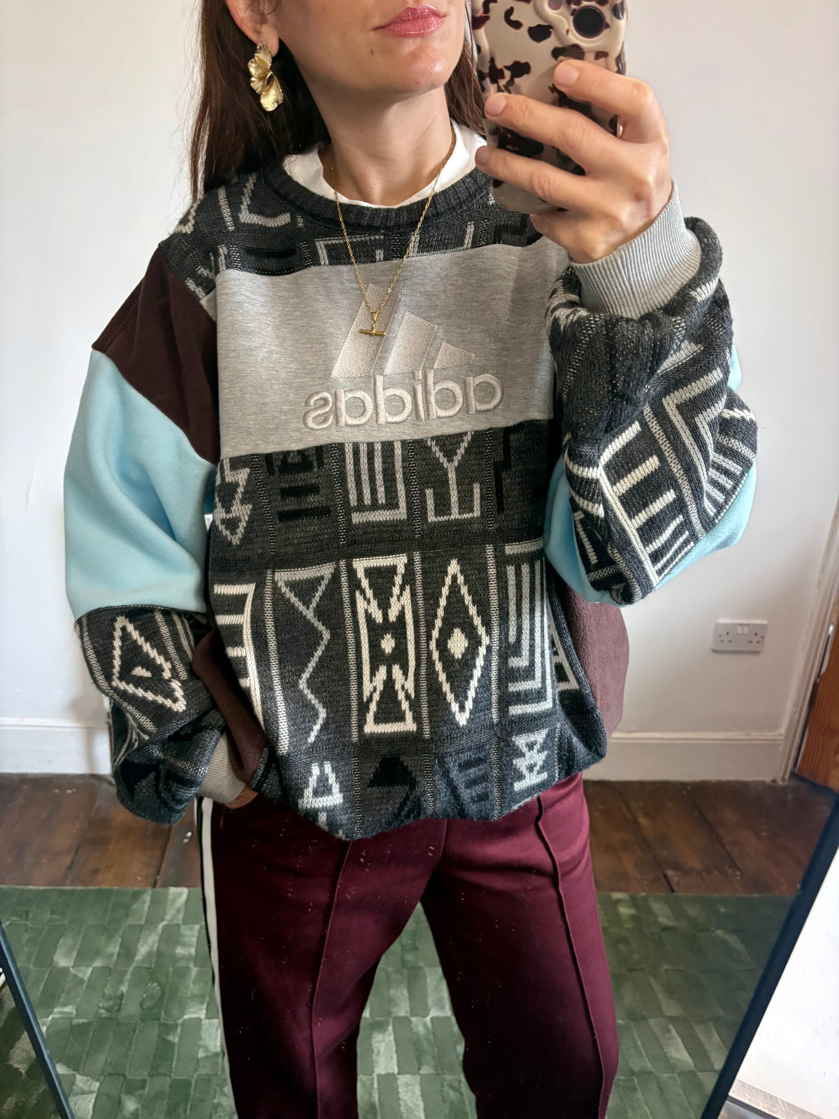 Vintage grey, brown and baby blue adidas logo funky pattern knit patchwork sweatshirt.