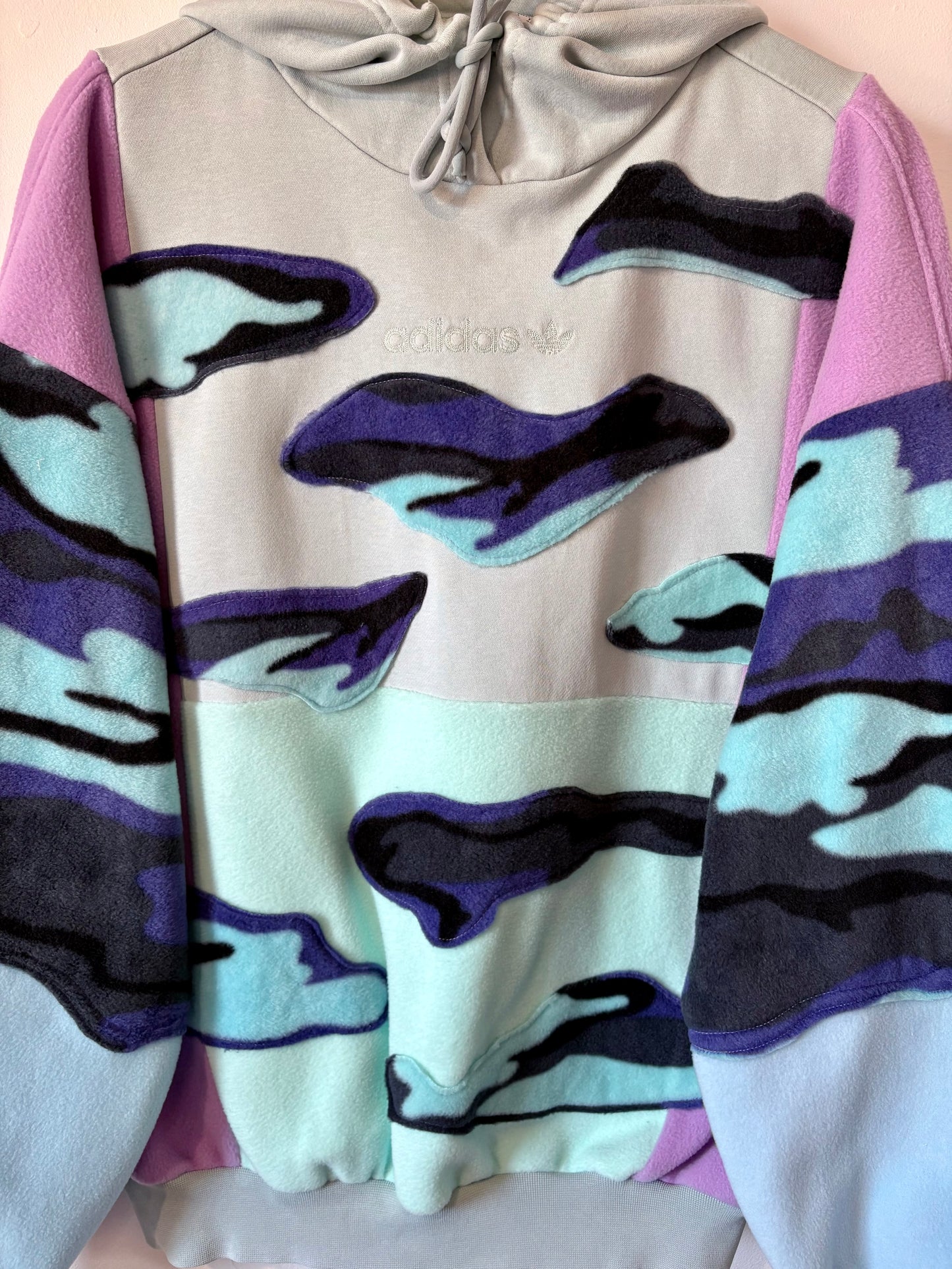 Y2K mint green adidas pastel camouflage patchwork fleece hoodie sweatshirt.