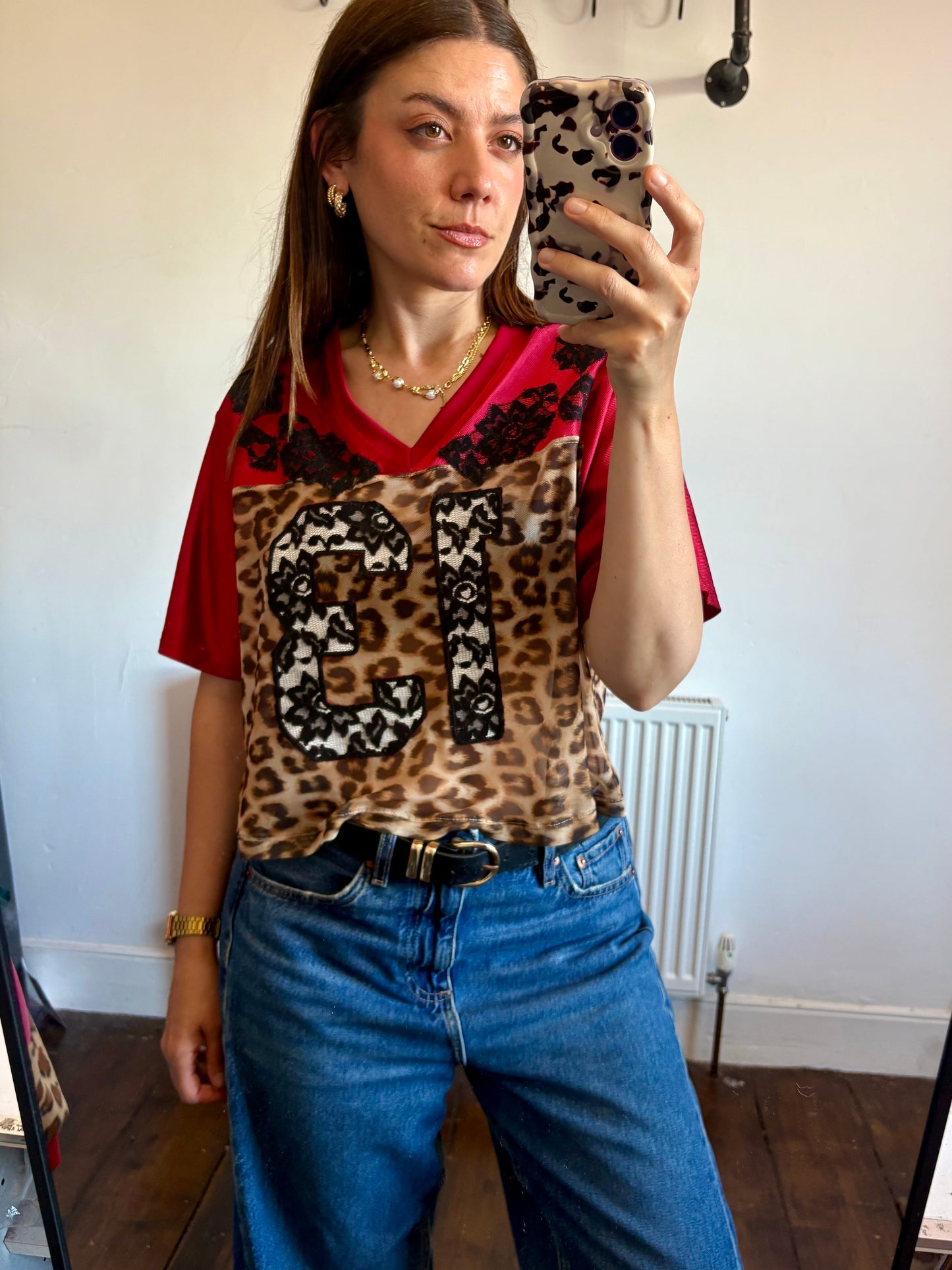 Vintage Y2K NFL Arizona Cardinals leopard print sheer mesh lace cropped jersey tshirt.