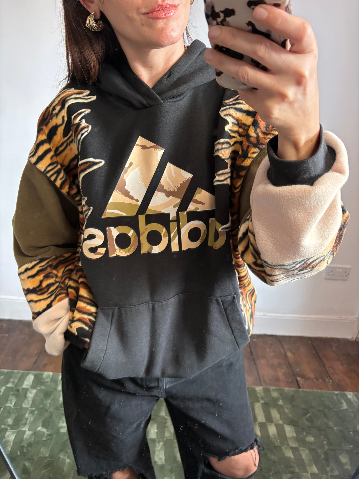 Y2K black adidas camouflage logo tiger stripe, khaki and beige fleece patchwork hoodie sweatshirt.