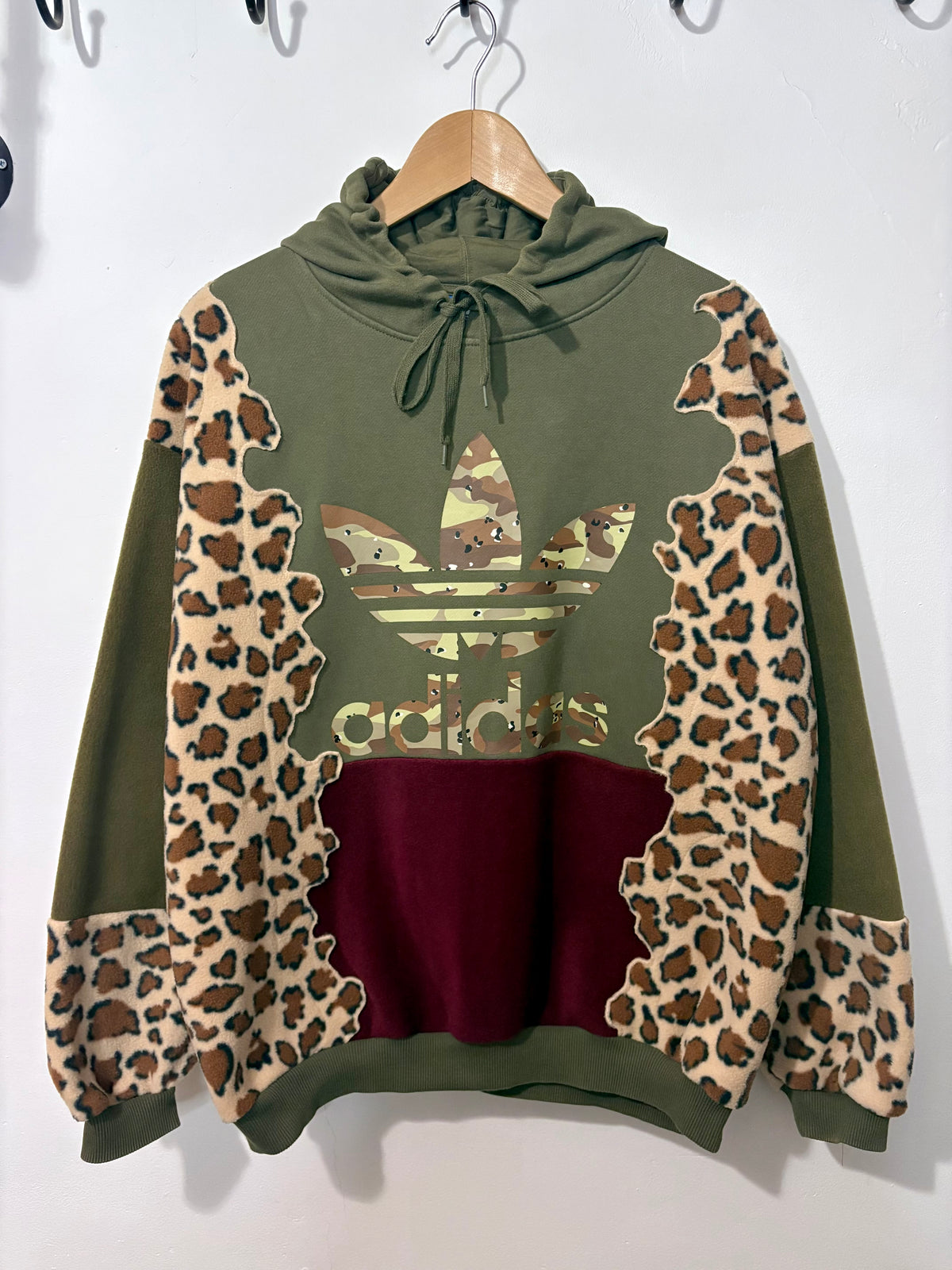 Y2K khaki adidas camouflage logo leopard print and burgundy fleece patchwork hoodie sweatshirt.