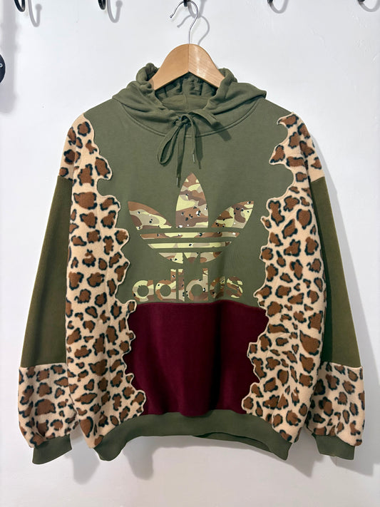 Y2K khaki adidas camouflage logo leopard print and burgundy fleece patchwork hoodie sweatshirt.