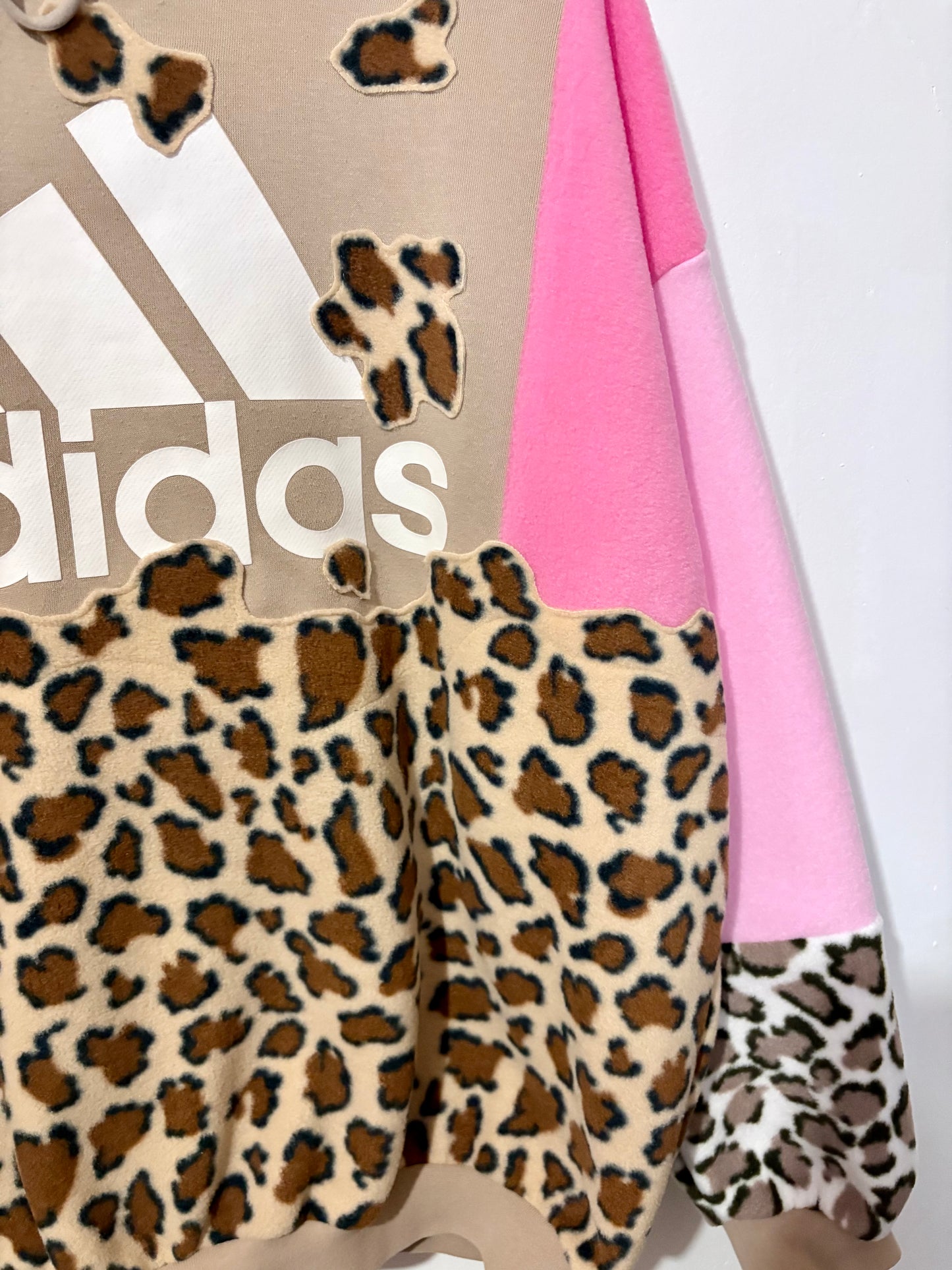 Y2K beige adidas leopard, animal print, pink patchwork fleece hoodie sweatshirt.