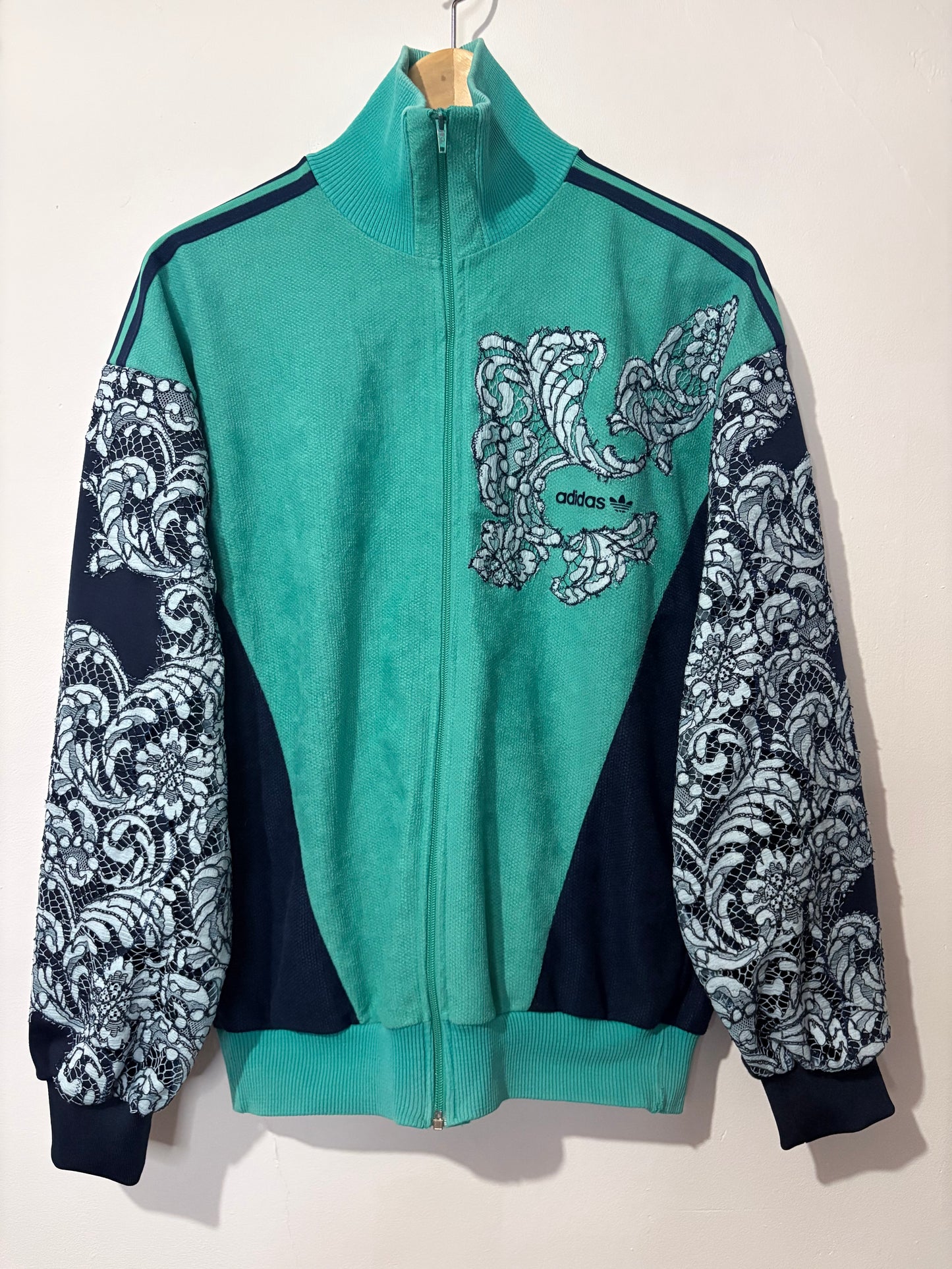 Vintage Y2K adidas baby blue lace patchwork track jacket.