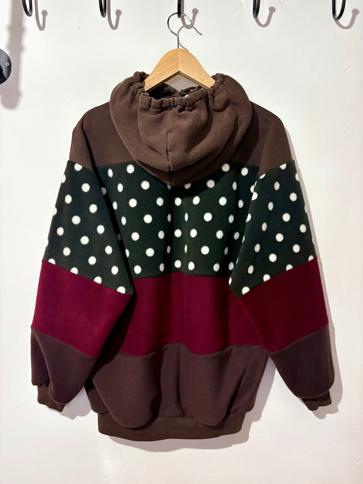 Y2K brown adidas logo polka dot and burgundy fleece stripe patchwork hoodie sweatshirt.