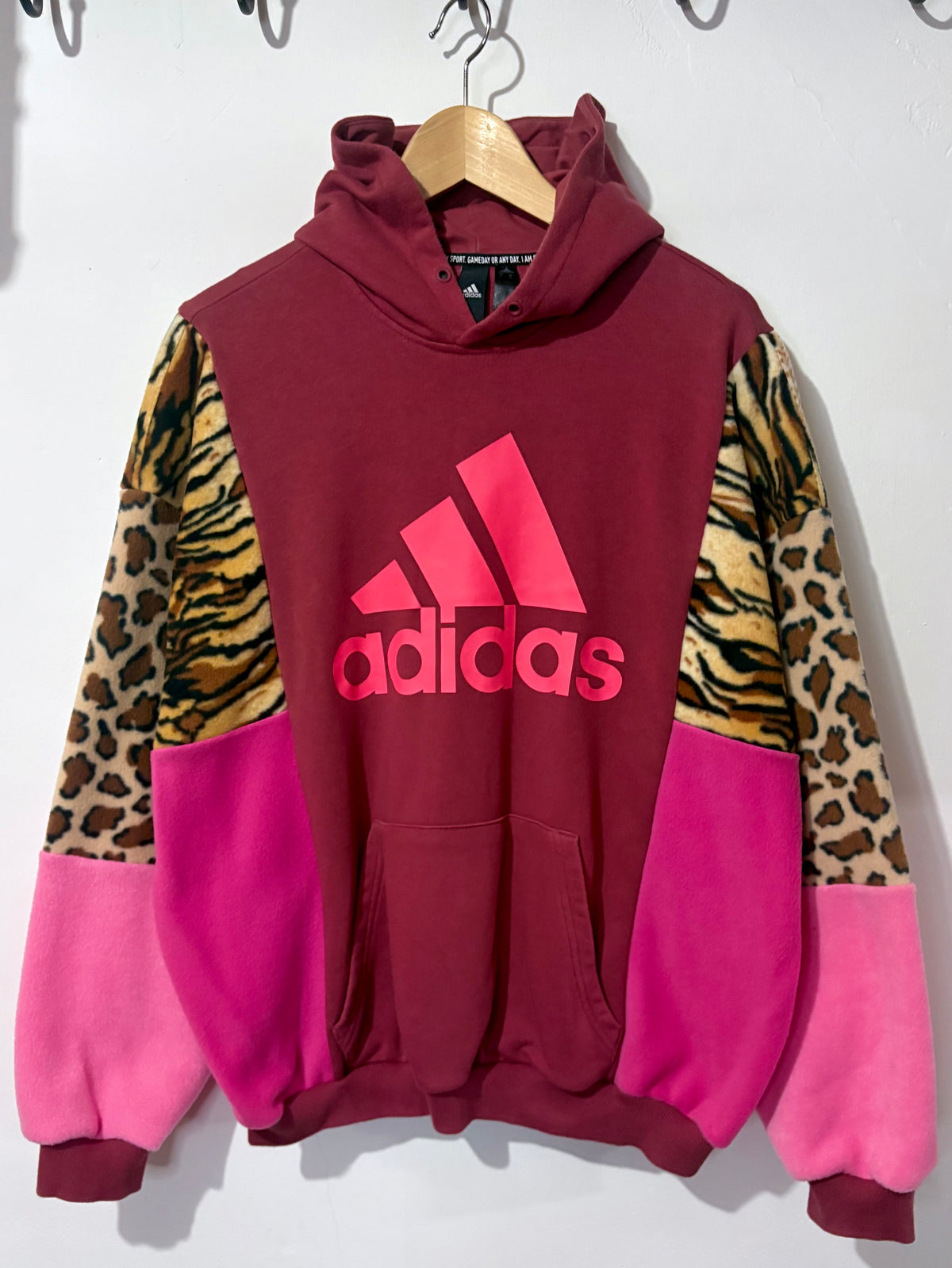 Y2K rust adidas tiger, leopard print and pink fleece patchwork hoodie sweatshirt.