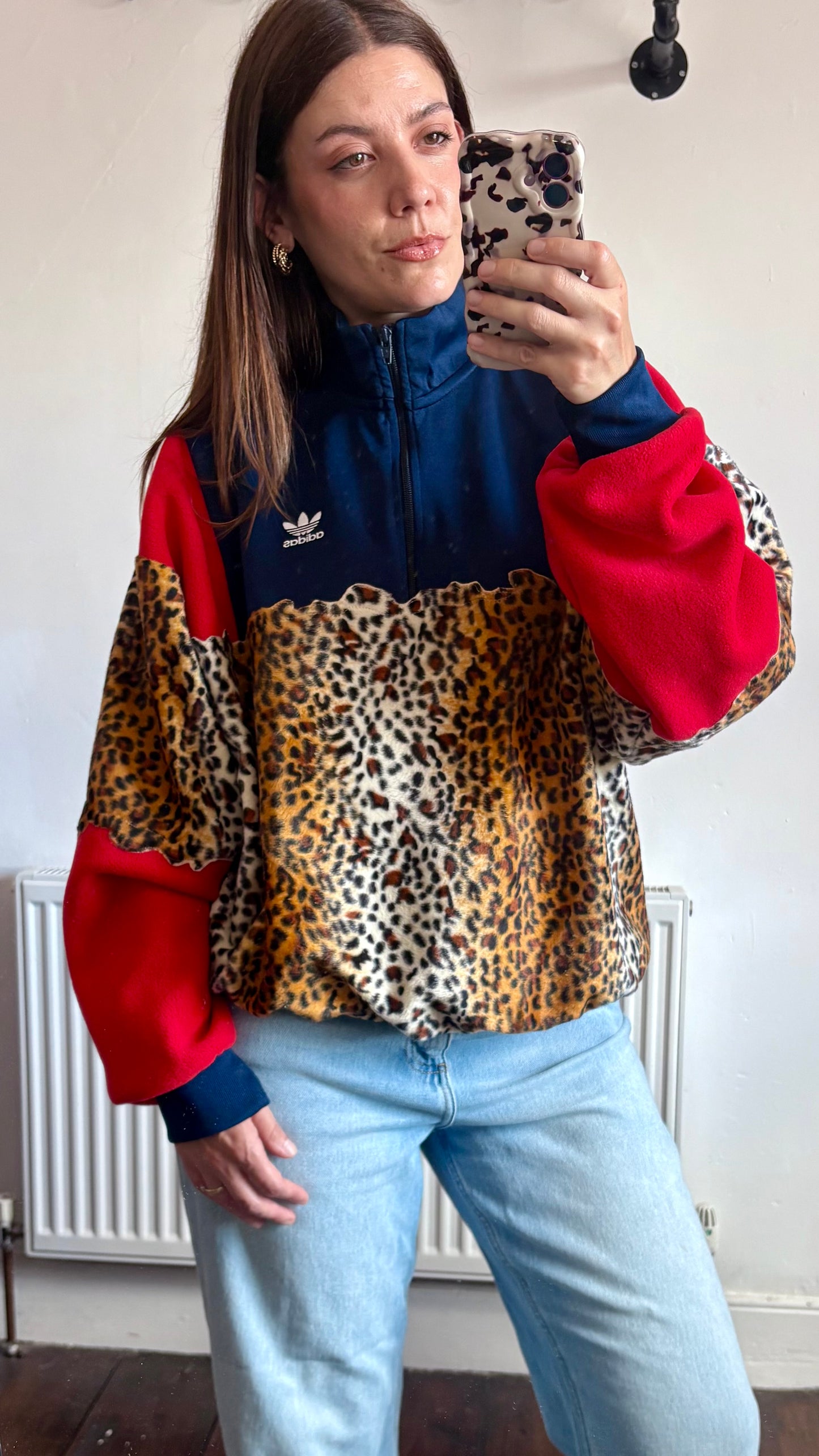 Vintage Y2K Adidas cheetah leopard short fur patchwork 1/4 zip track jacket sweatshirt.
