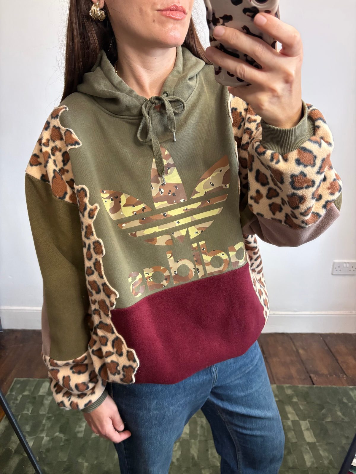 Y2K khaki adidas camouflage logo leopard print and burgundy fleece patchwork hoodie sweatshirt.