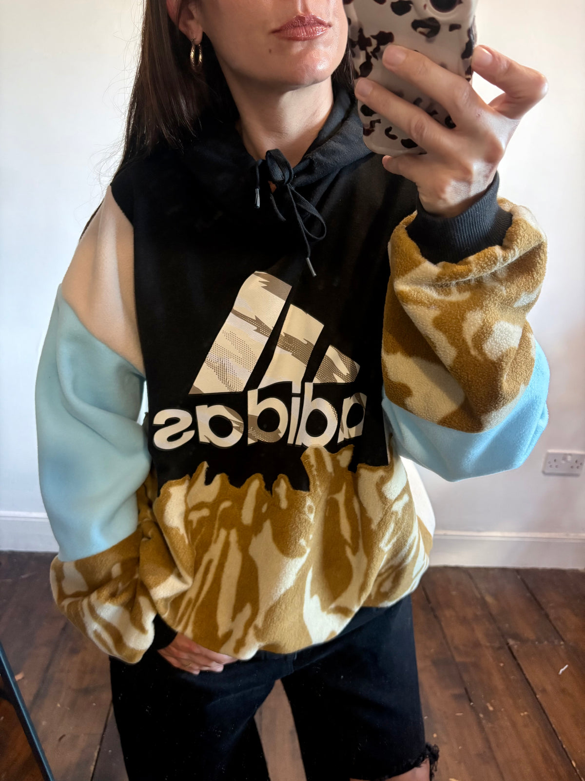 Y2K black adidas logo camouflage and baby blue fleece patchwork hoodie sweatshirt.