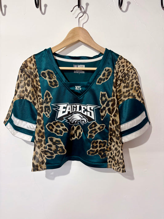 Vintage Y2K NFL Philadelphia Eagles leopard print sheer mesh cropped jersey tshirt.