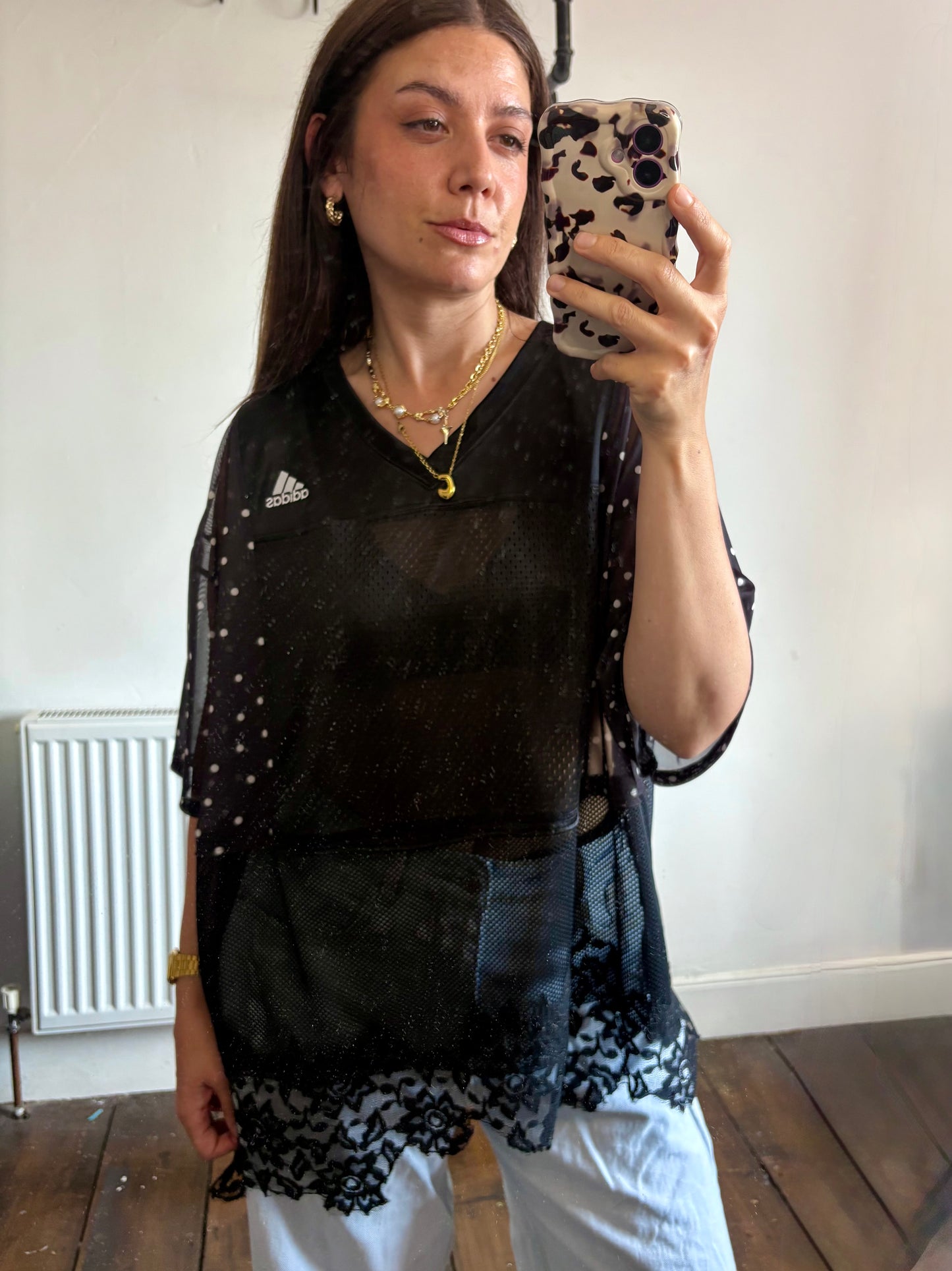 Vintage Y2K adidas polka dot sheer mesh lace patchwork tshirt