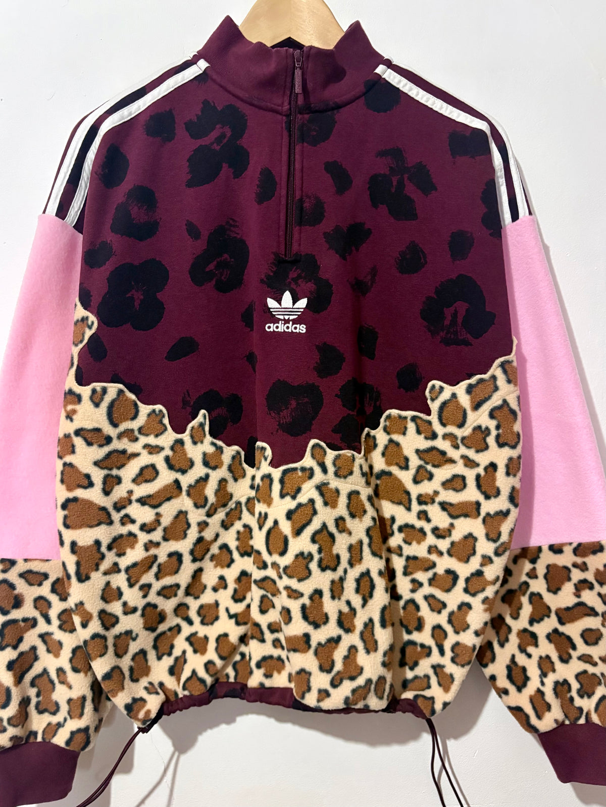 Y2K burgundy adidas logo leopard print and pink fleece patchwork 1/4 zip neck sweatshirt.