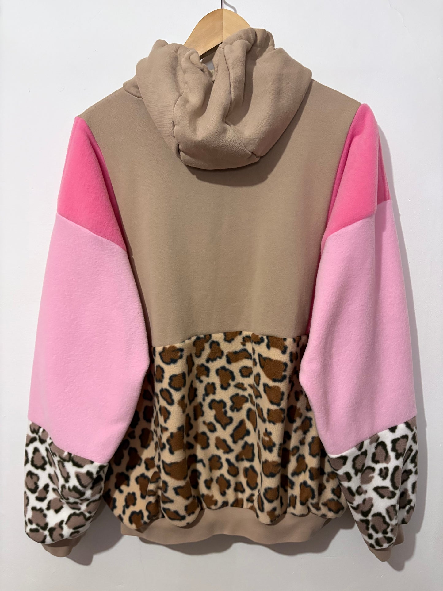 Y2K beige adidas leopard, animal print, pink patchwork fleece hoodie sweatshirt.