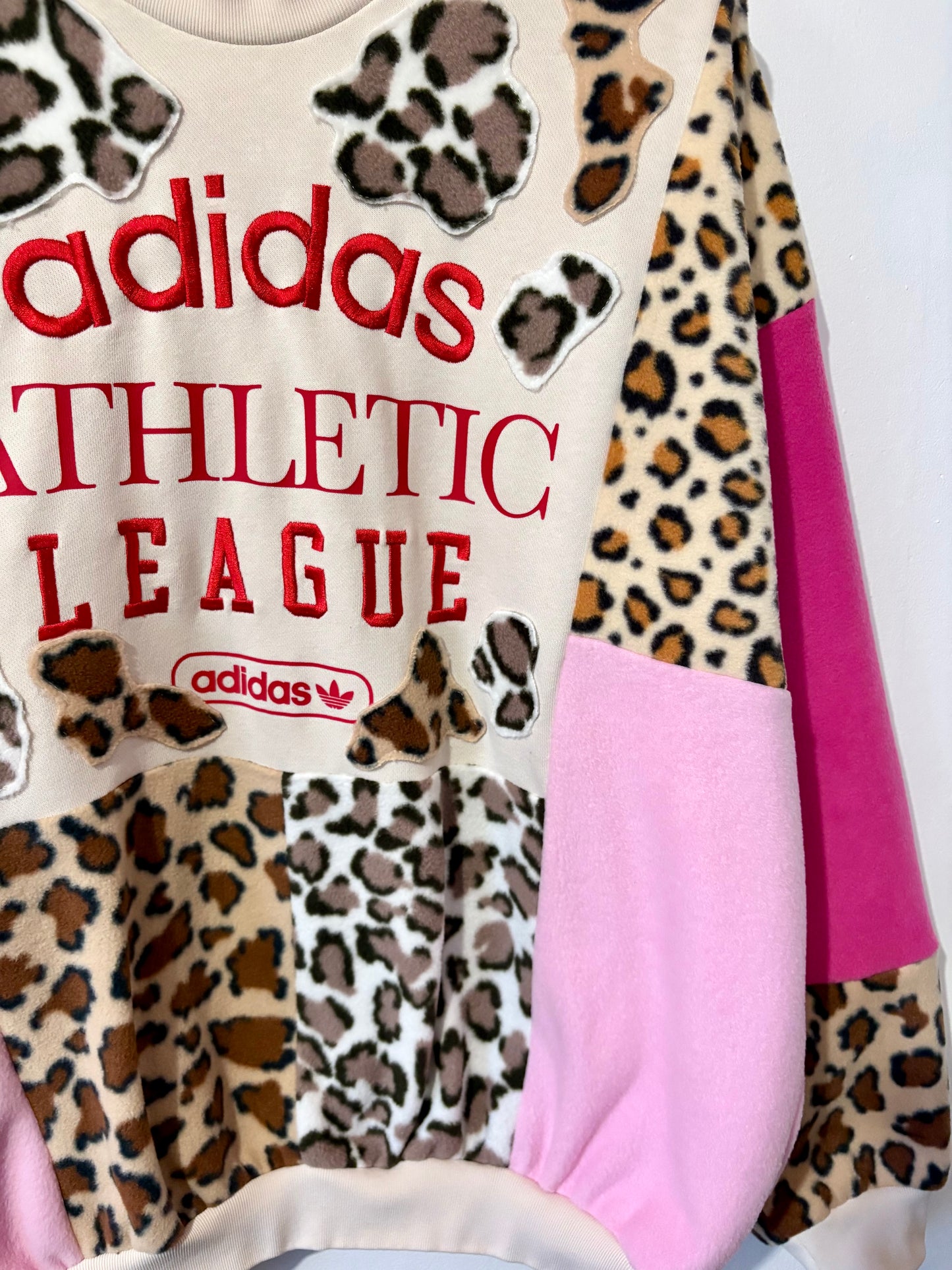 Y2K cream adidas leopard, animal print, pink patchwork fleece sweatshirt.
