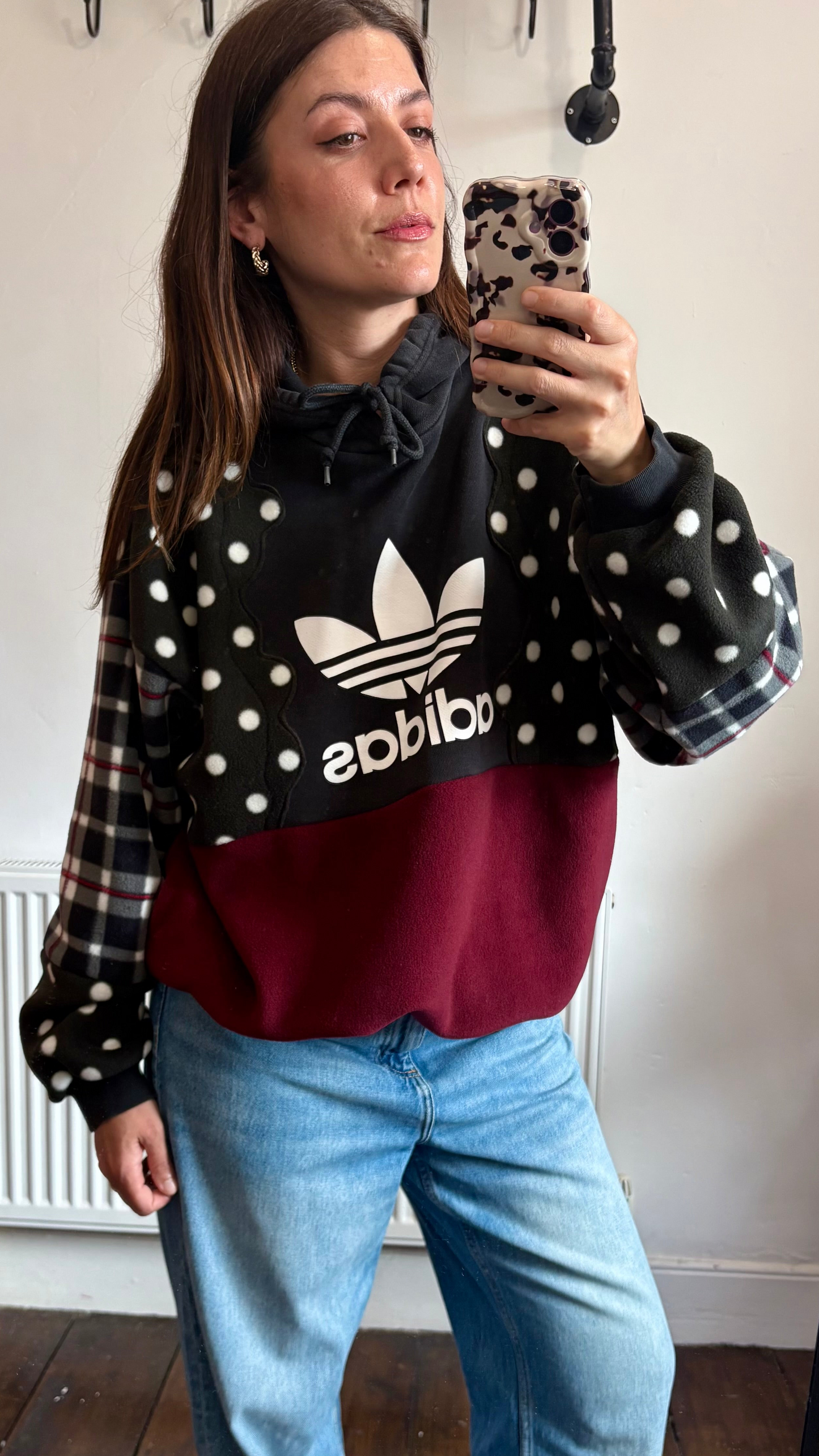 Y2K adidas polka dot, tartan, checked, burgundy fleece patchwork hoodie sweatshirt.